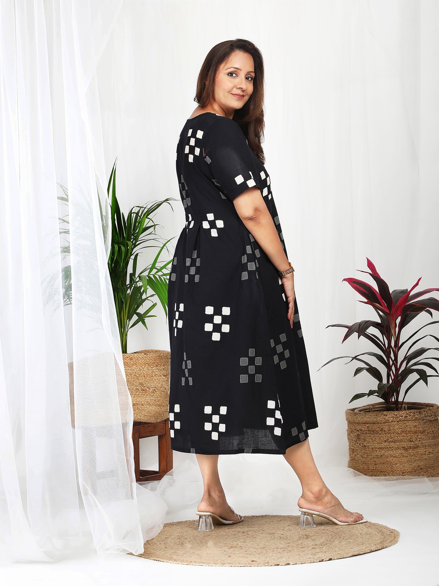 Darzaania Kuvira Black Cotton Block Print Dress