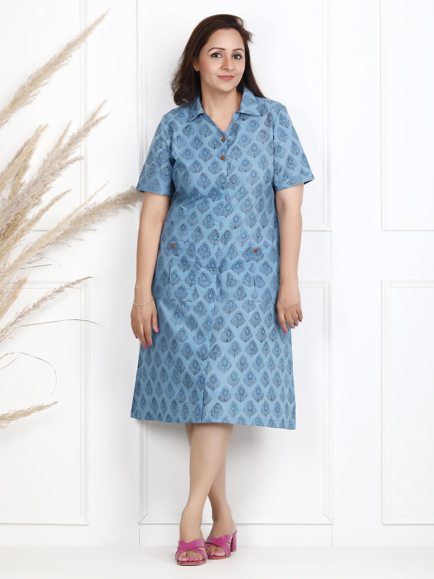 Darzaania Charmi Blue Block Print Midi Dress - Main Image