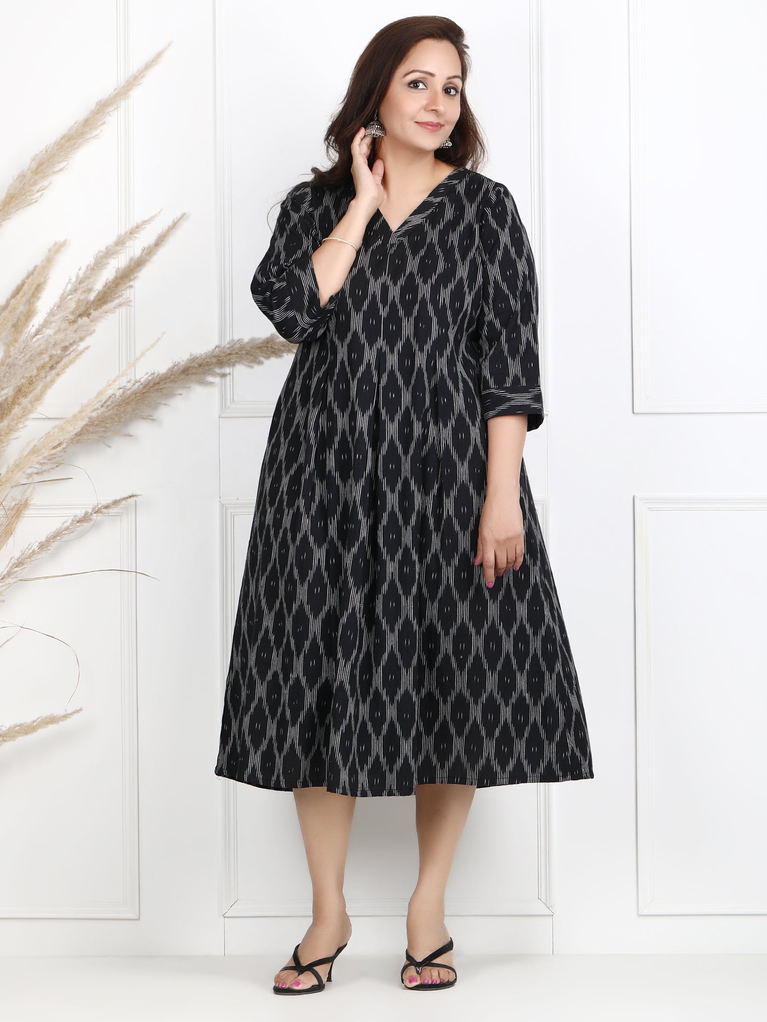 Twisha Black Ikat Midi Cotton Dress