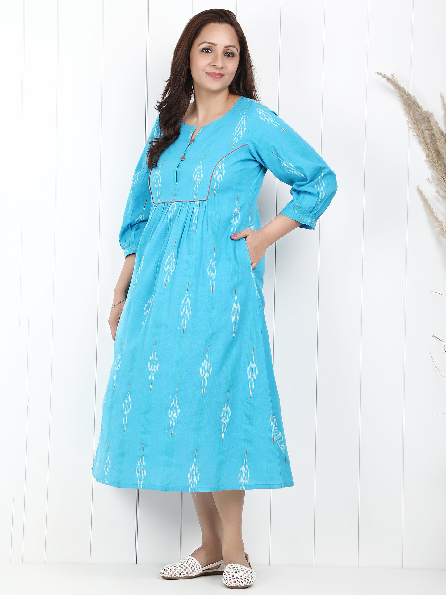Blue Ikat cotton yoke dress