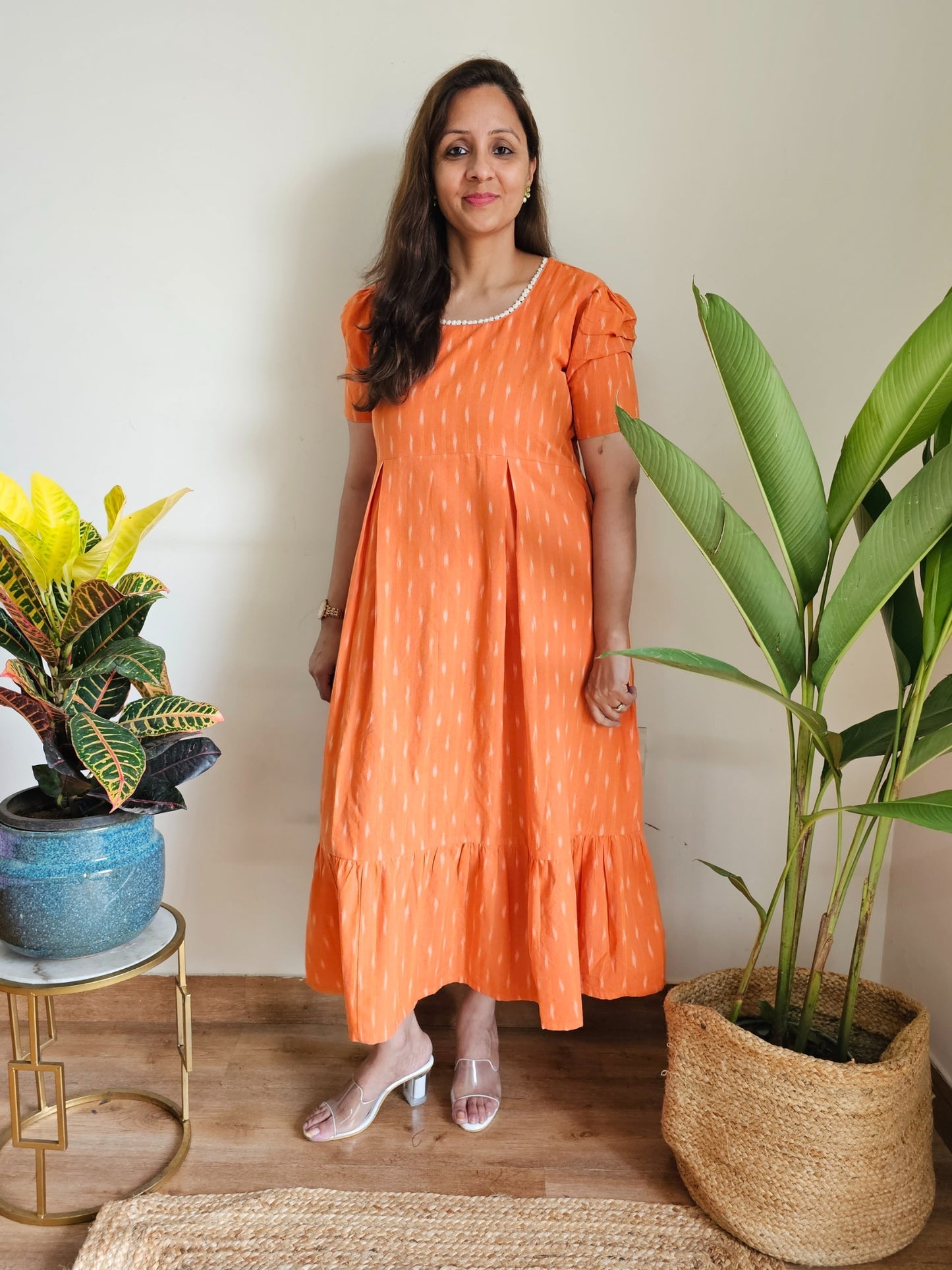 Orange Ikkat Cotton Long Dress