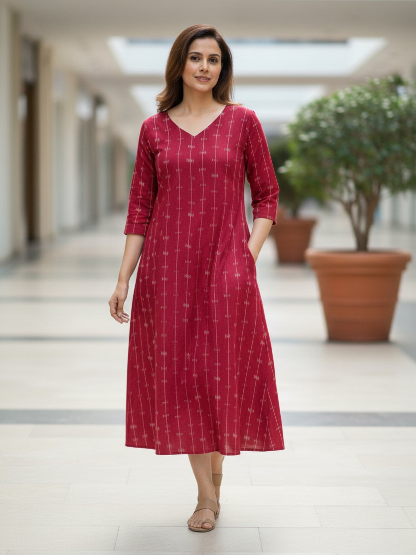 Red Ikat Cotton Midi Dress Darzaania
