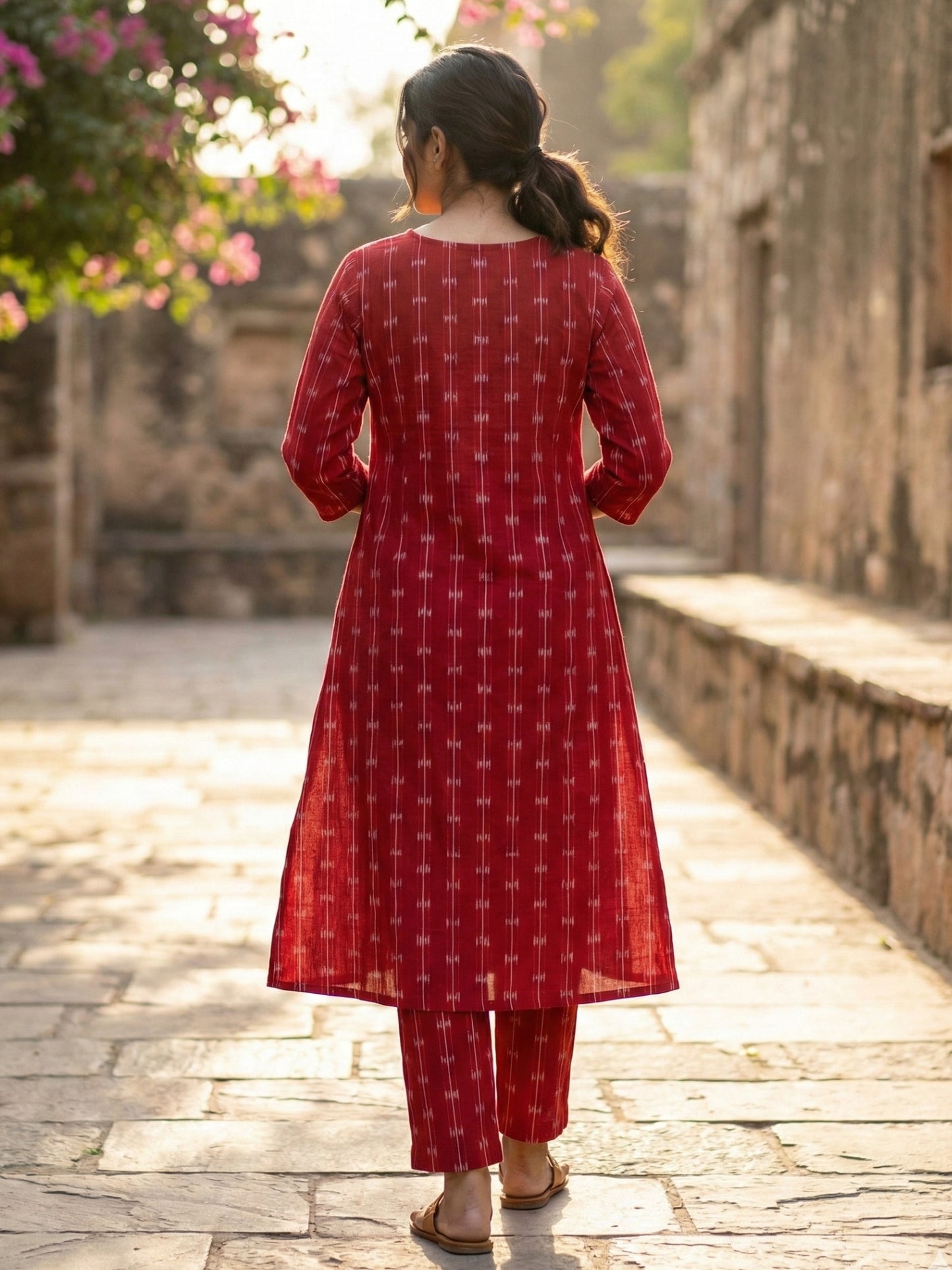 Darzaania Subtle Red Ikkat Kurta with Pants set