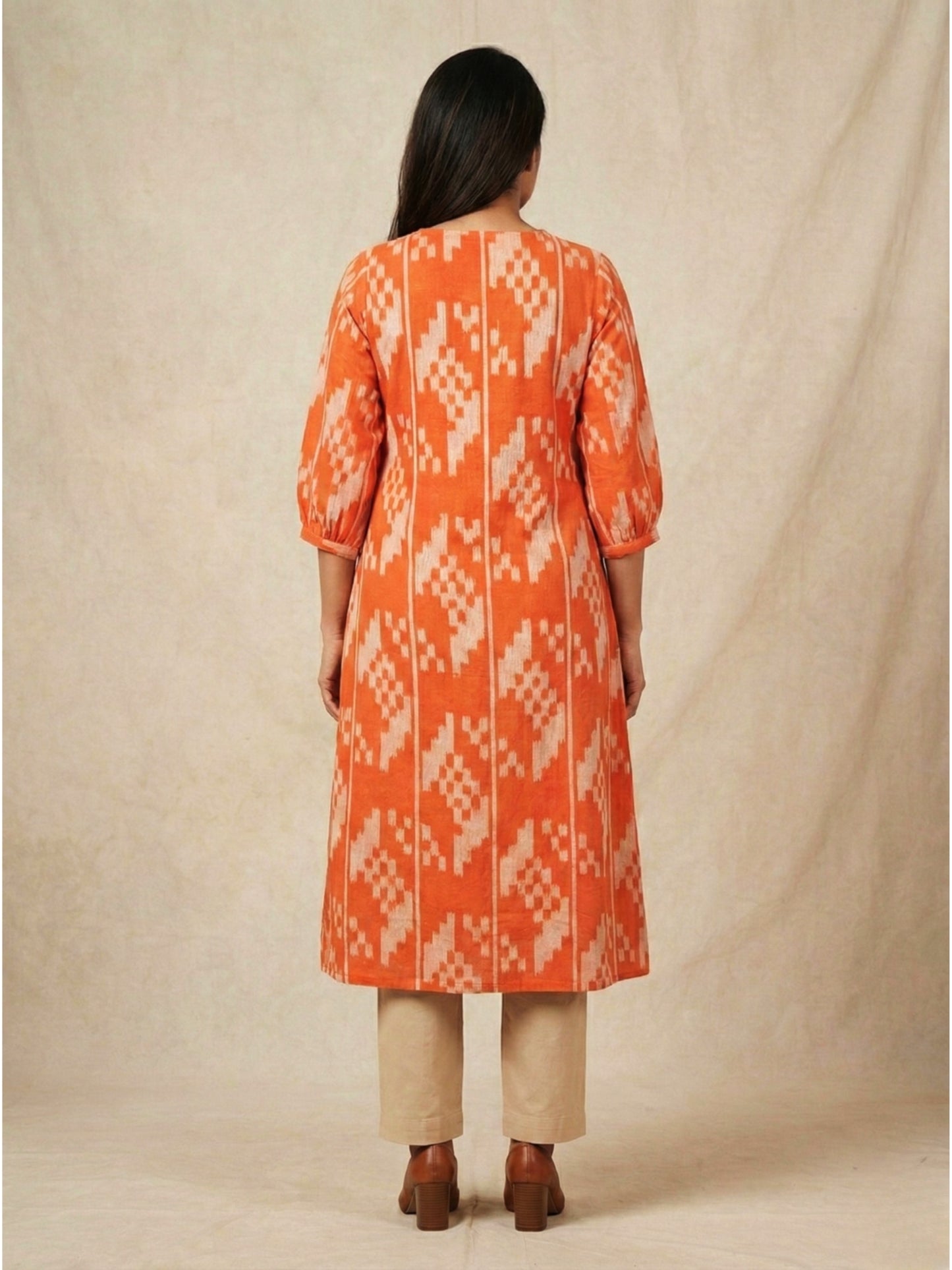 Orange Handloom Ikat Cotton Kurta S to 6XL