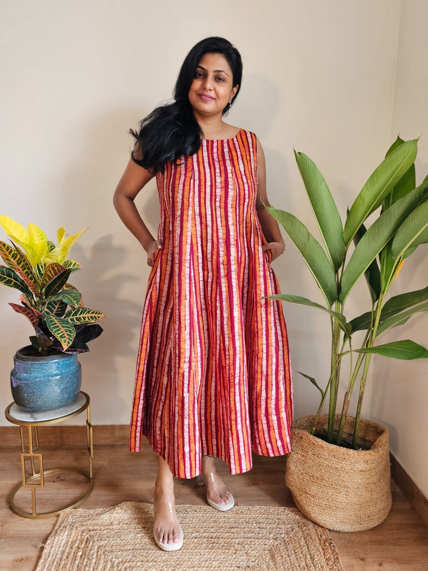 Kantha work block printed stripe  orange dress