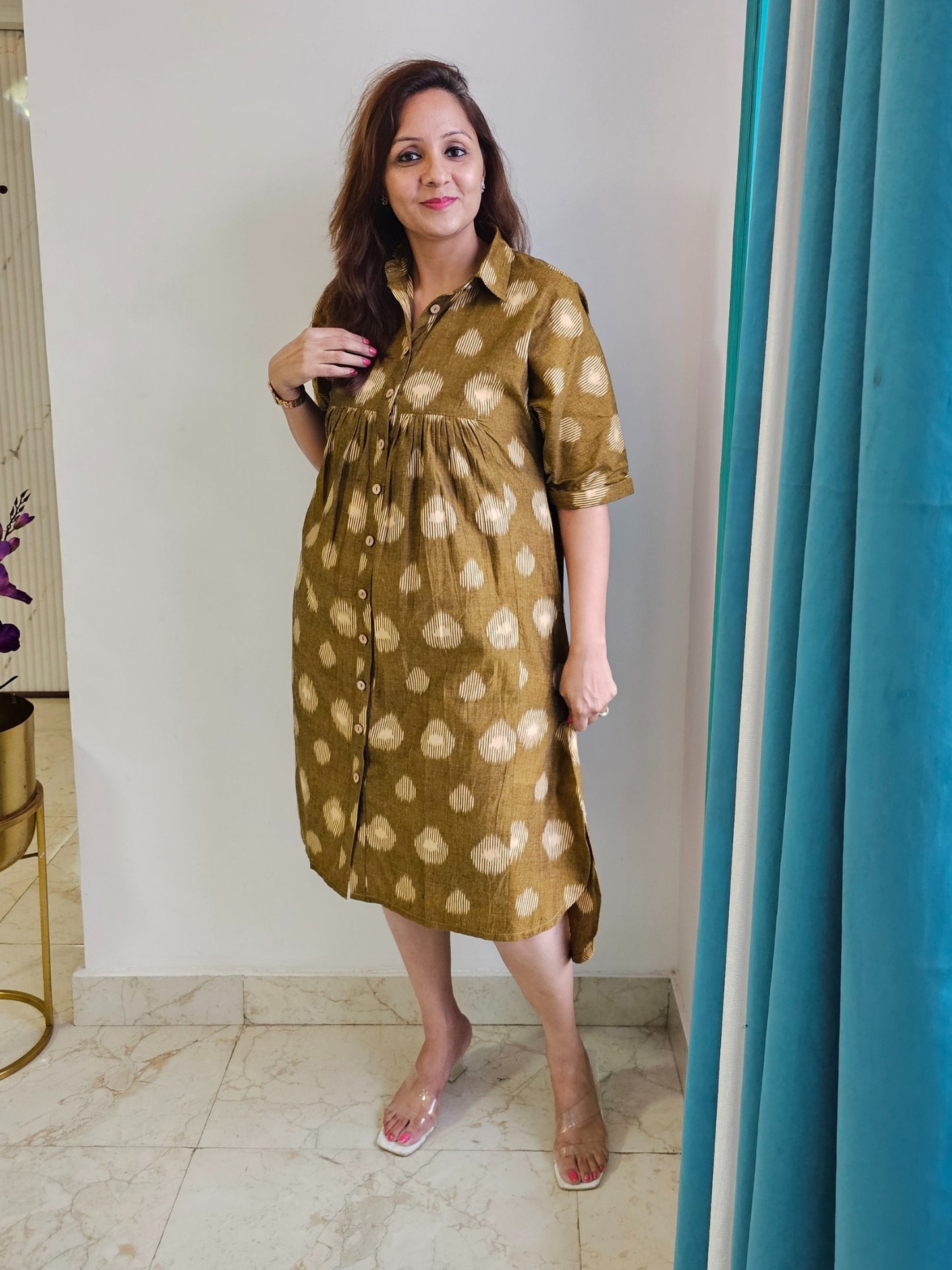 Darzaania Aarunya Olive Button Down Midi Dress