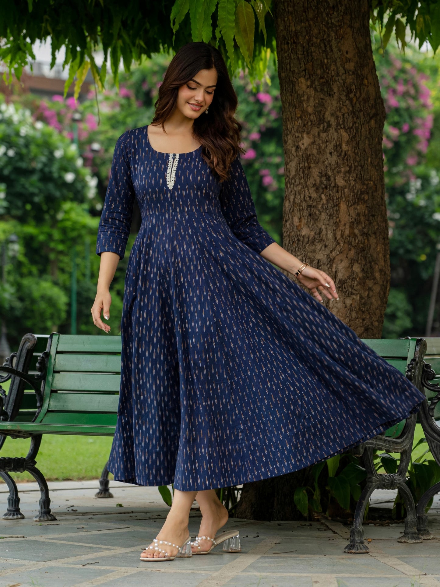 Darzaania blue ikkat flare dresses for women
