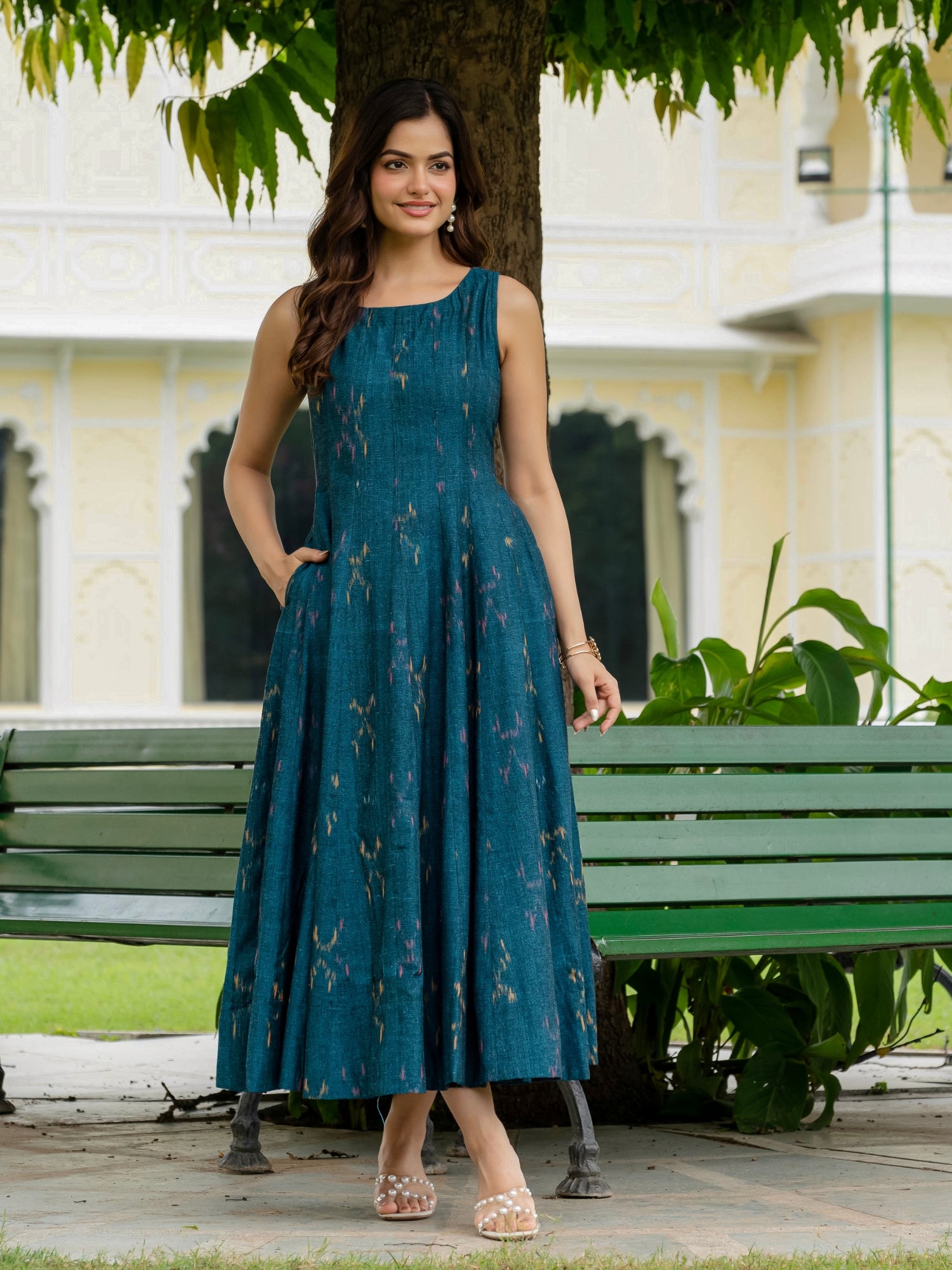 Buy Teal Blue Ikkat Cotton Long Maxi Dresses Darzaania