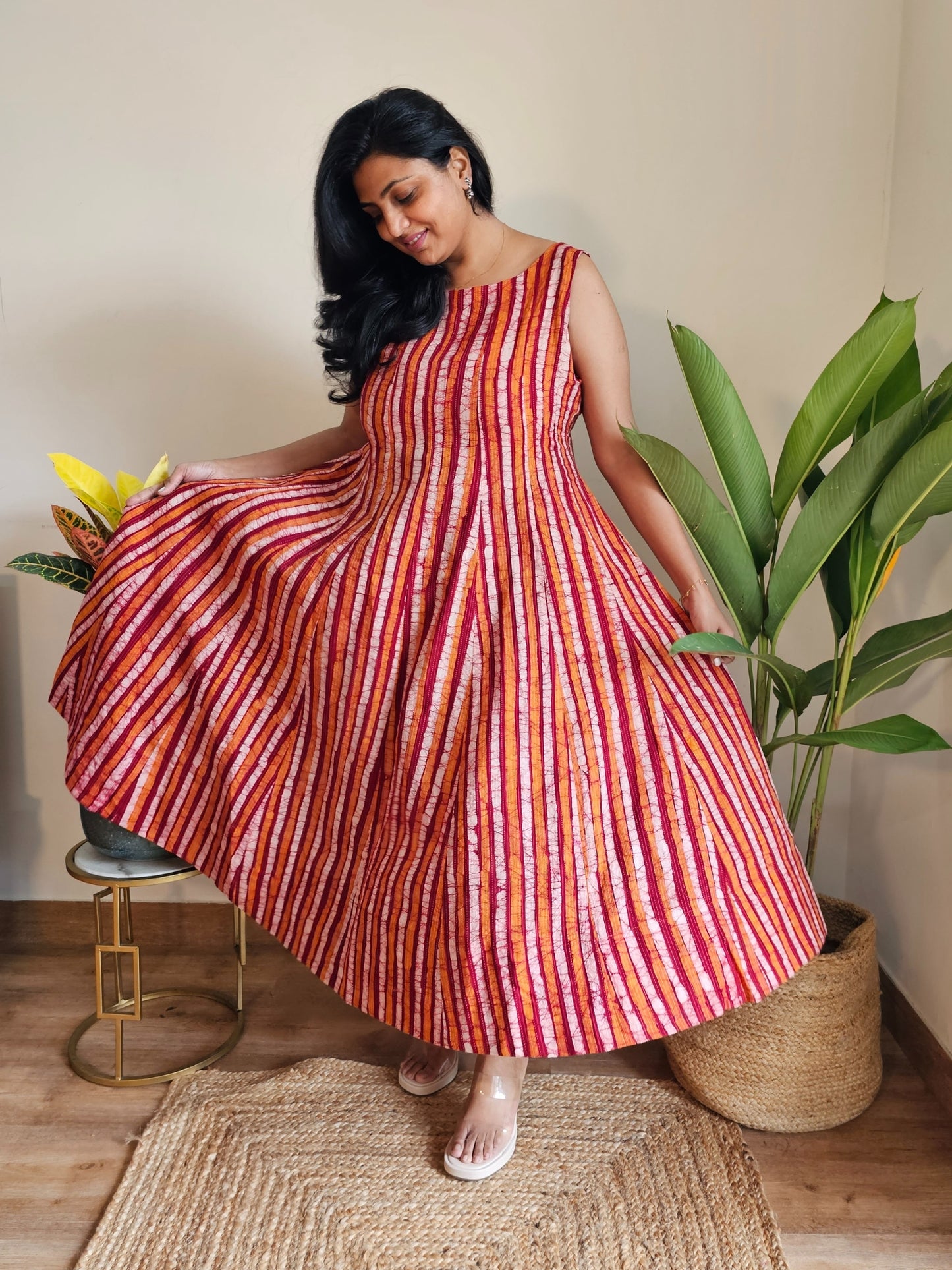 orange stripes cotton dress for women