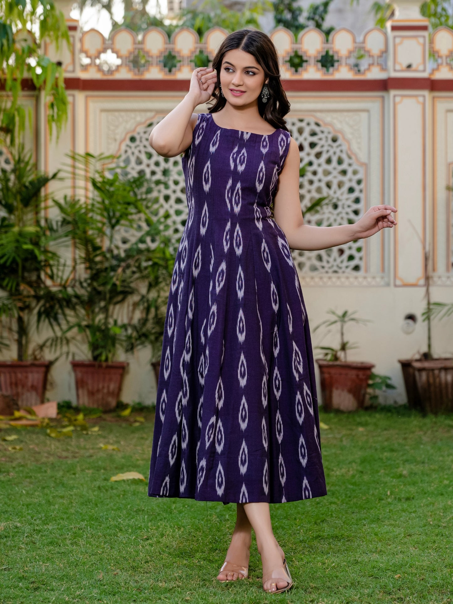 Purple color ikkat cotton plus size dresses for women