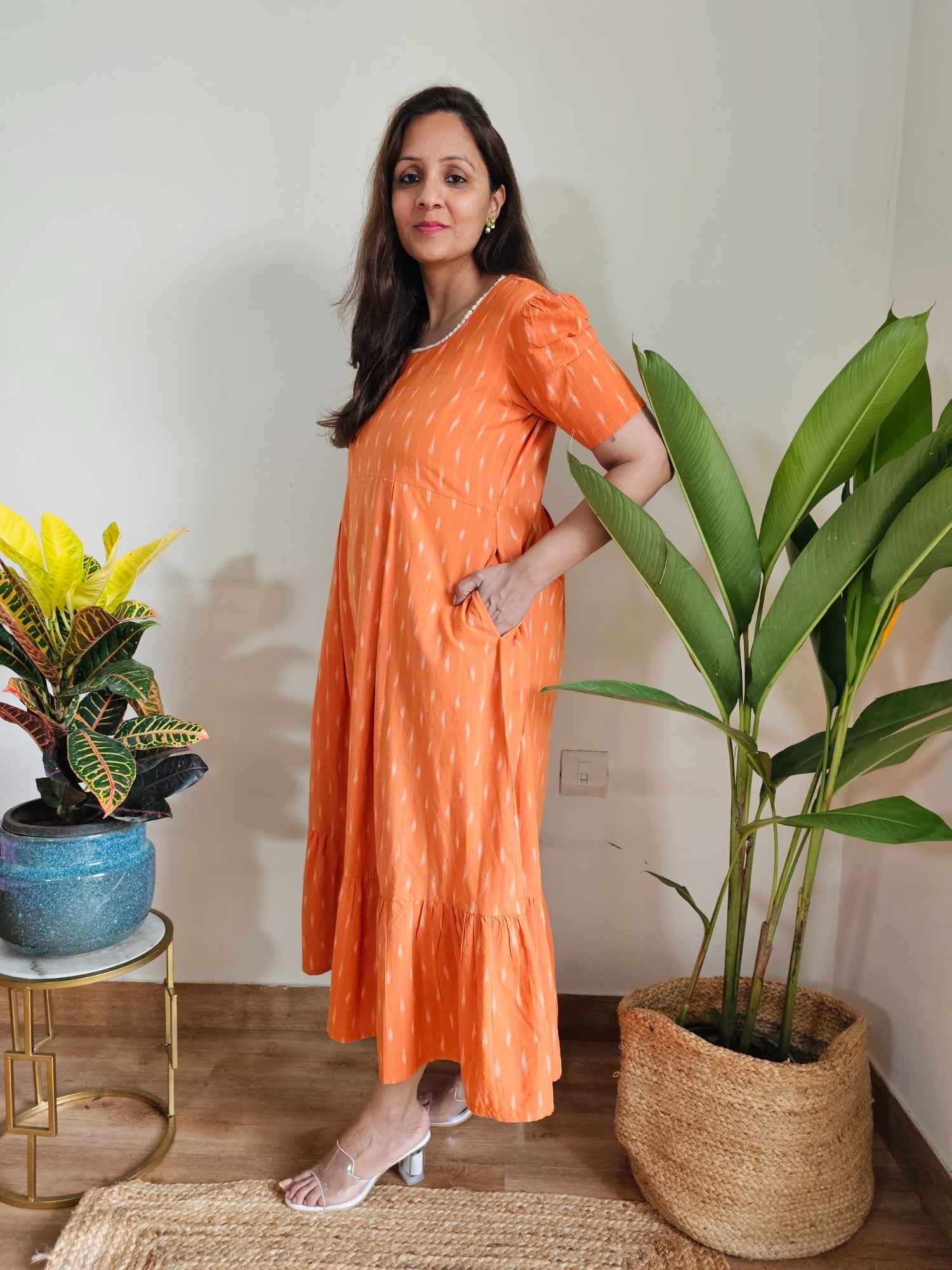 Orange Ikat cotton plus size dresses for women