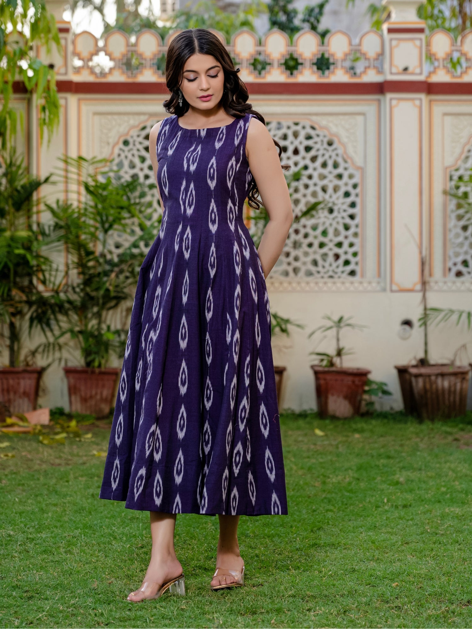 Darzaania Violet Vibe Ikkat Handloomed Cotton Dress