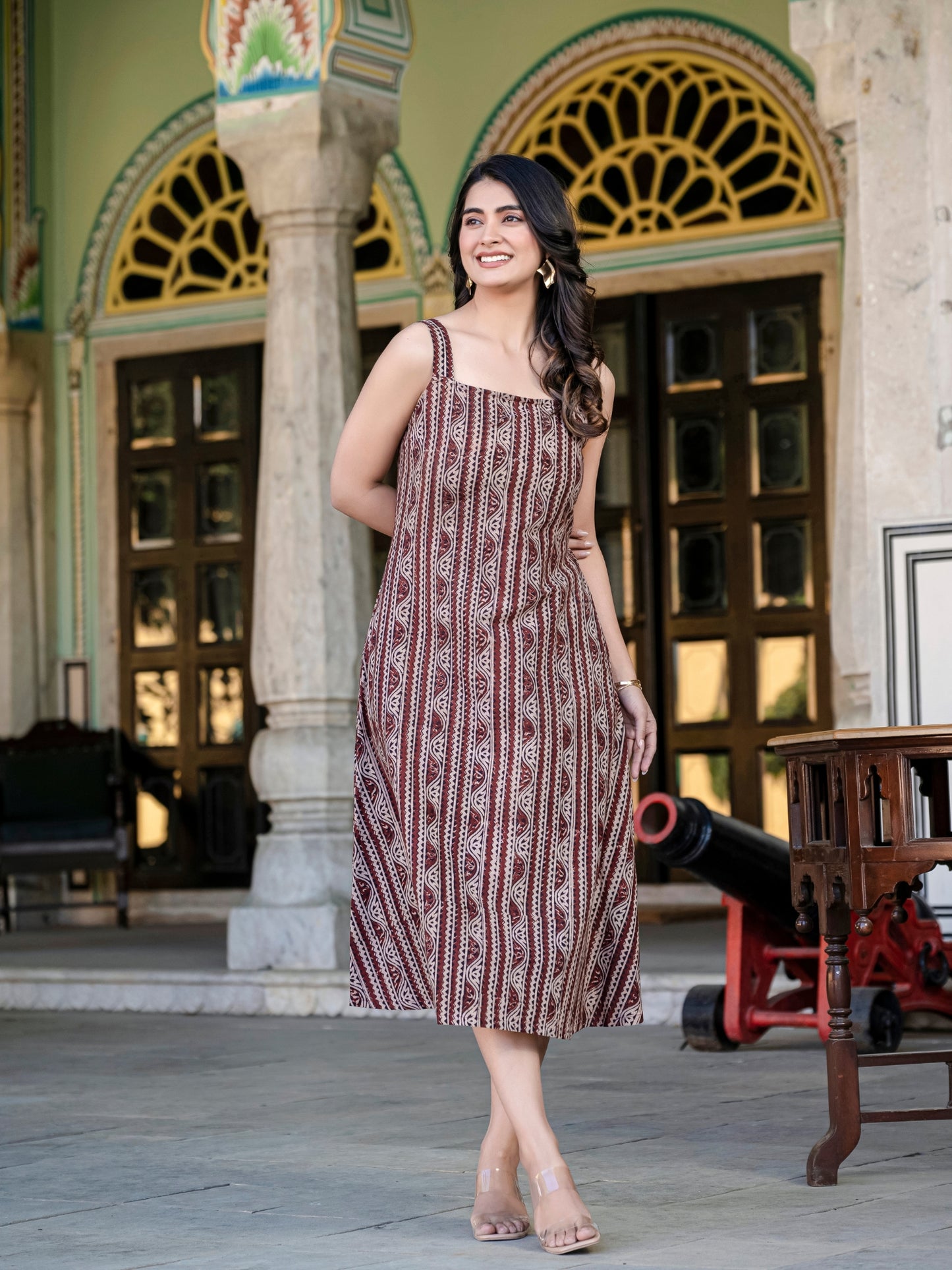 Darzaania Sienna Raga Kalamkari Strap Cotton Dress