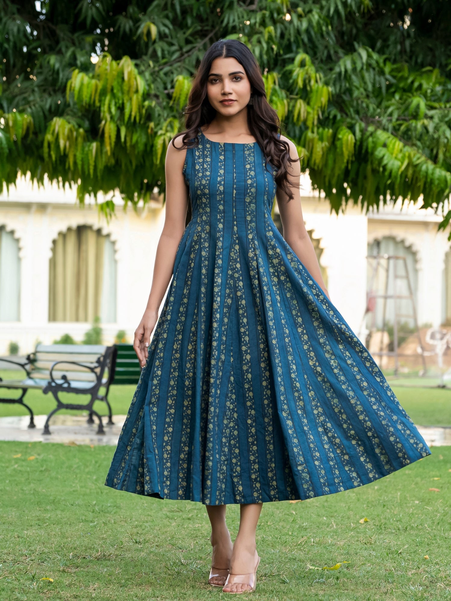 Ajrakh Handblock Pure Cotton Green Dress for Women