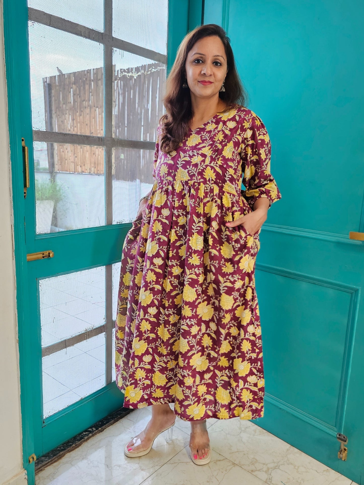 Darzaania Tapsi Wine Floral Cotton Dress