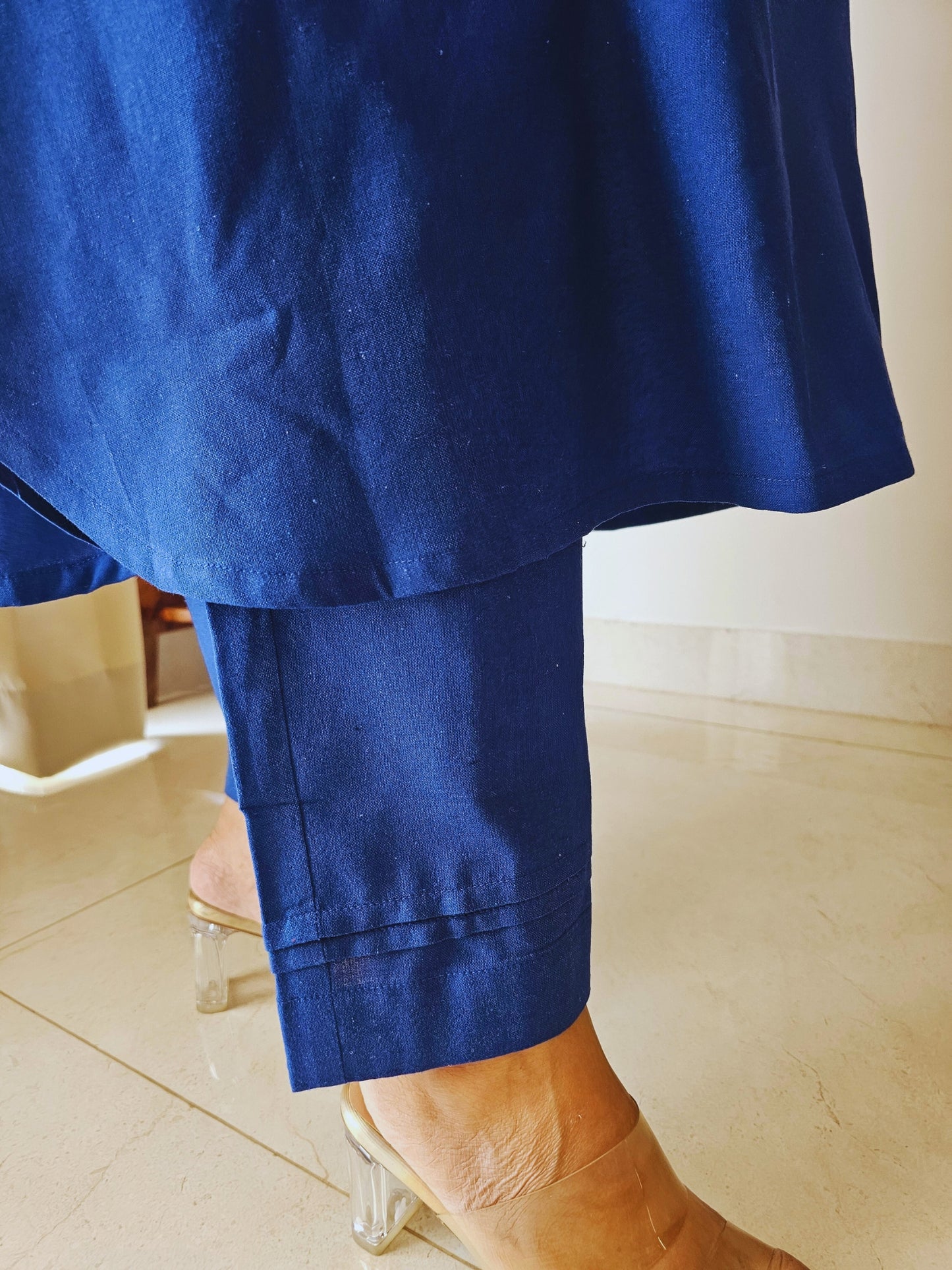 Close-up of Blue Cotton Kurta with Pockets – Darzaania Co-ord Set