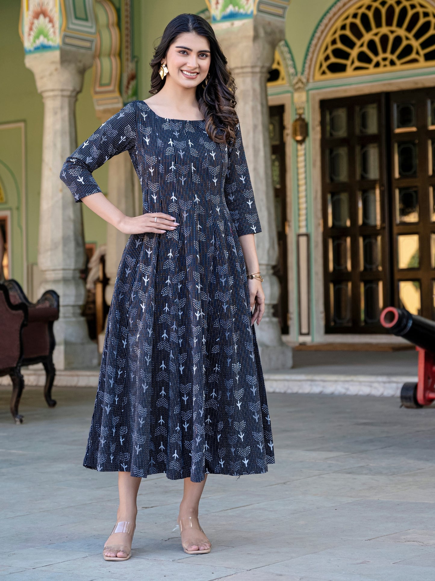 Darzaania Noor Kantha Work Block Print Pure Cotton Dress