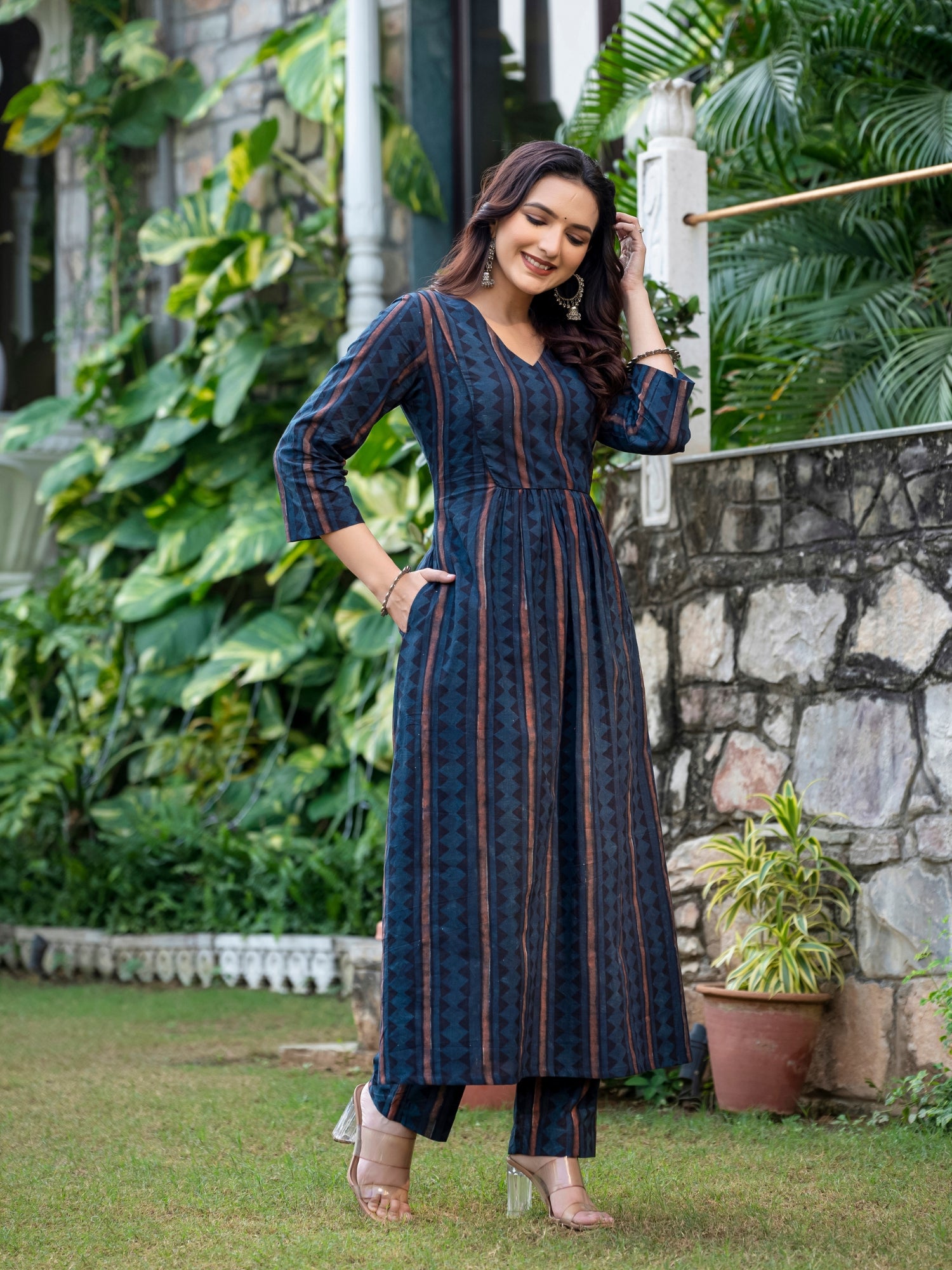 Neelima Ajrakh Blue Kurta with Pants (Set of 2) - Main Image