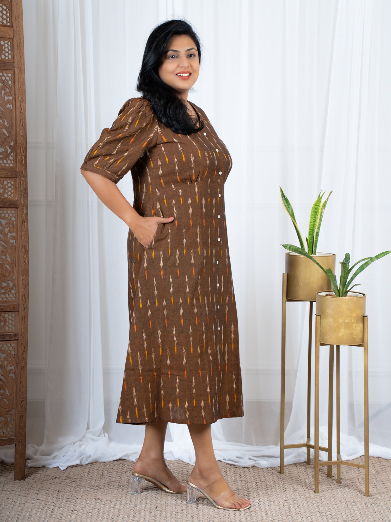 Brown Ikat Cotton Midi Dress 