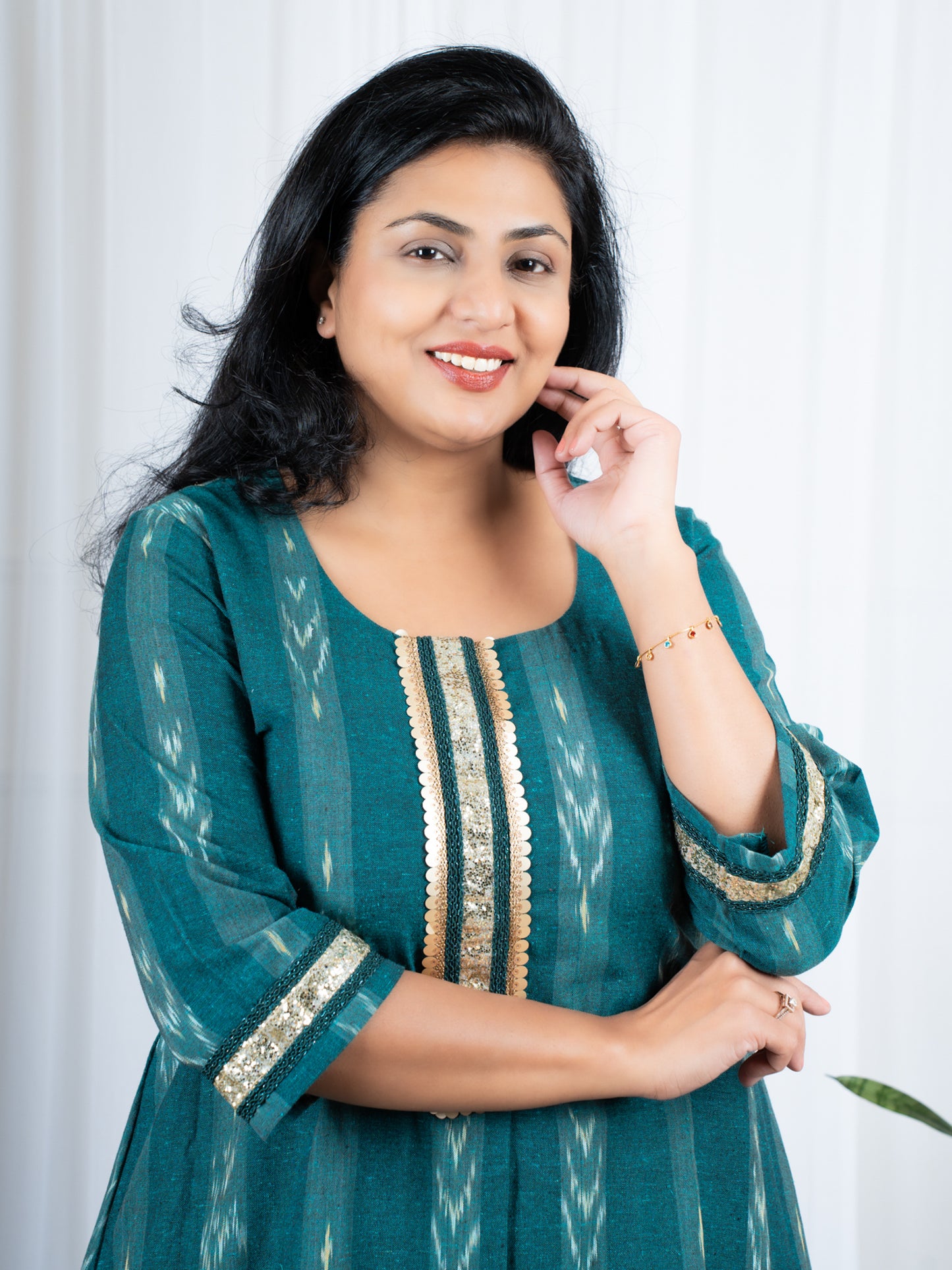 Green ikkat cotton kurta kurti sets online