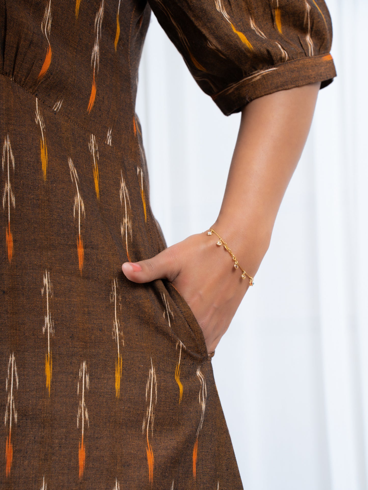 Ikkat Cotton Midi Dress in brown color
