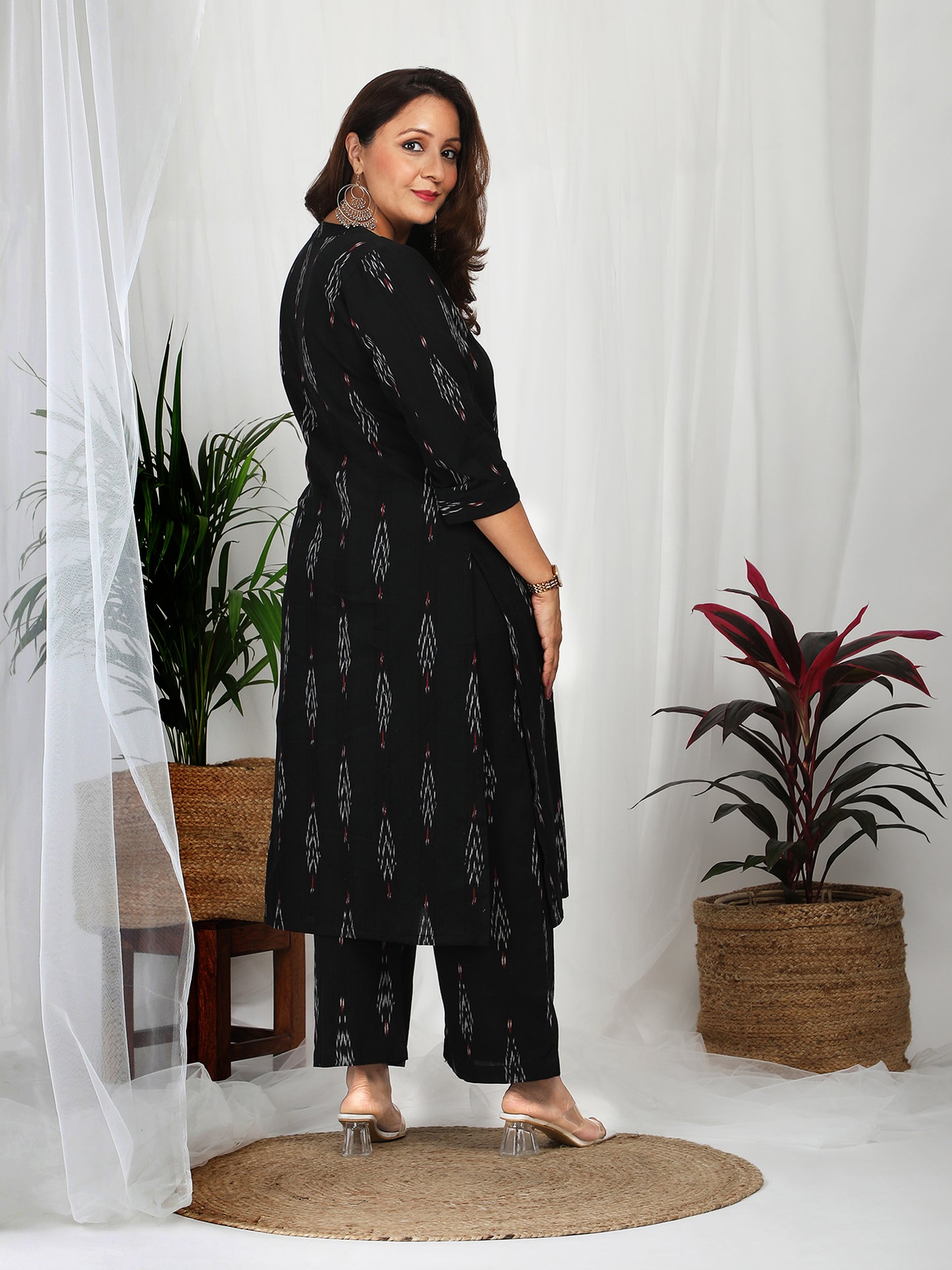 S to 6XL black ikkat cotton kurti with pants