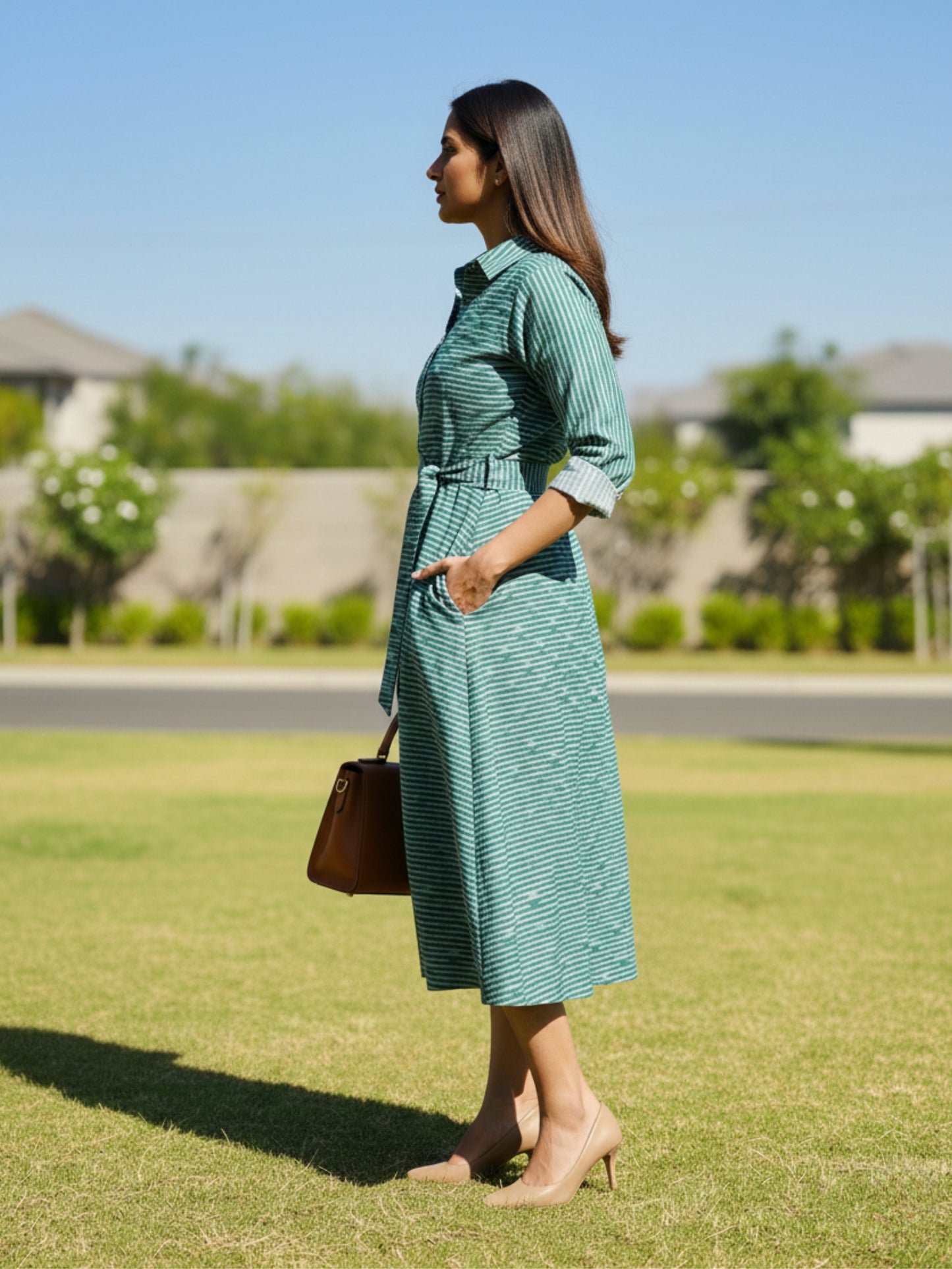 Side profile of breathable cotton ikat shirt dress showing A-line shape, pocket placement, and structured fit.