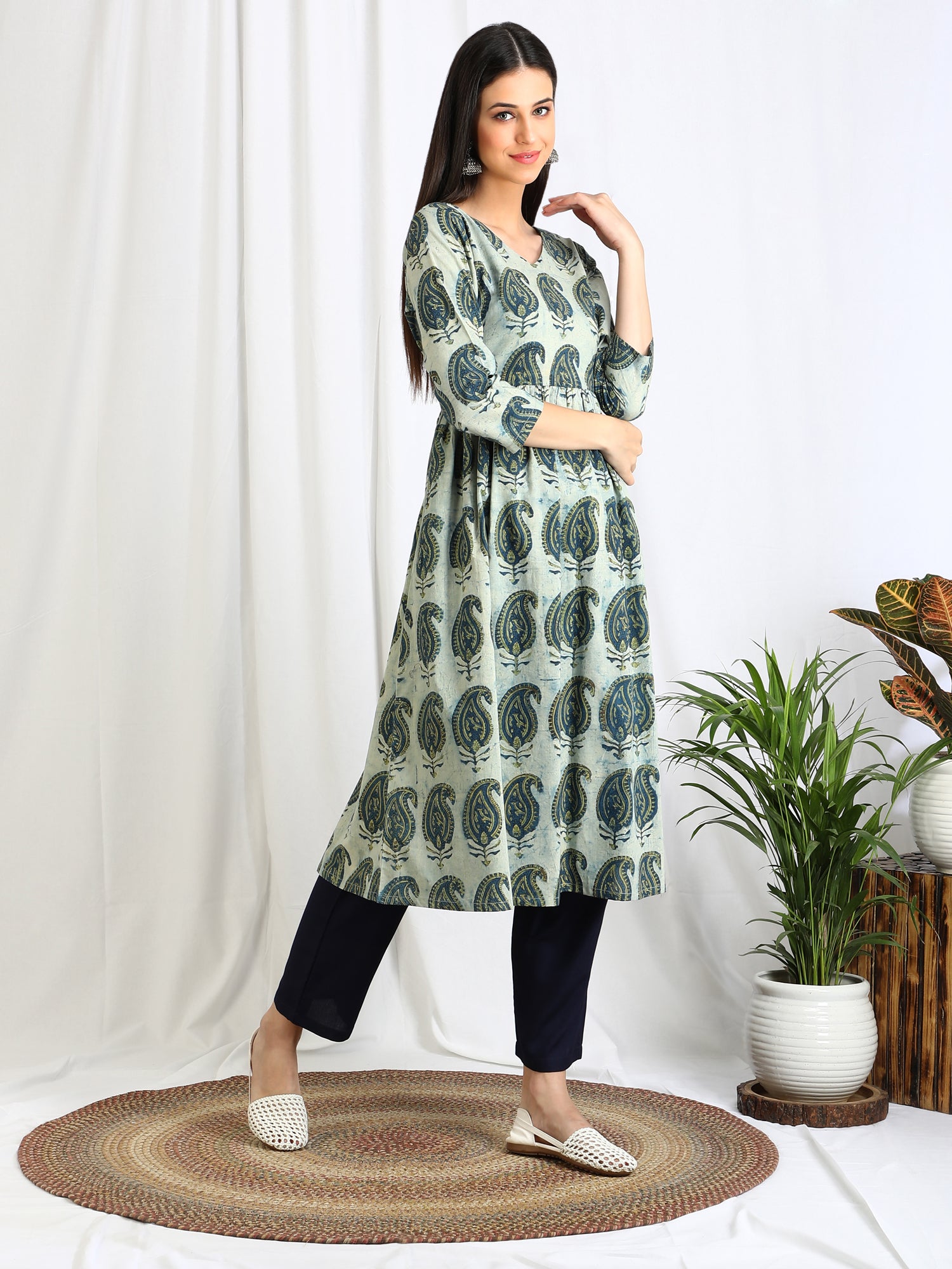 Block Print 'Paisley' Cotton Long Dress Kurta - Main Image