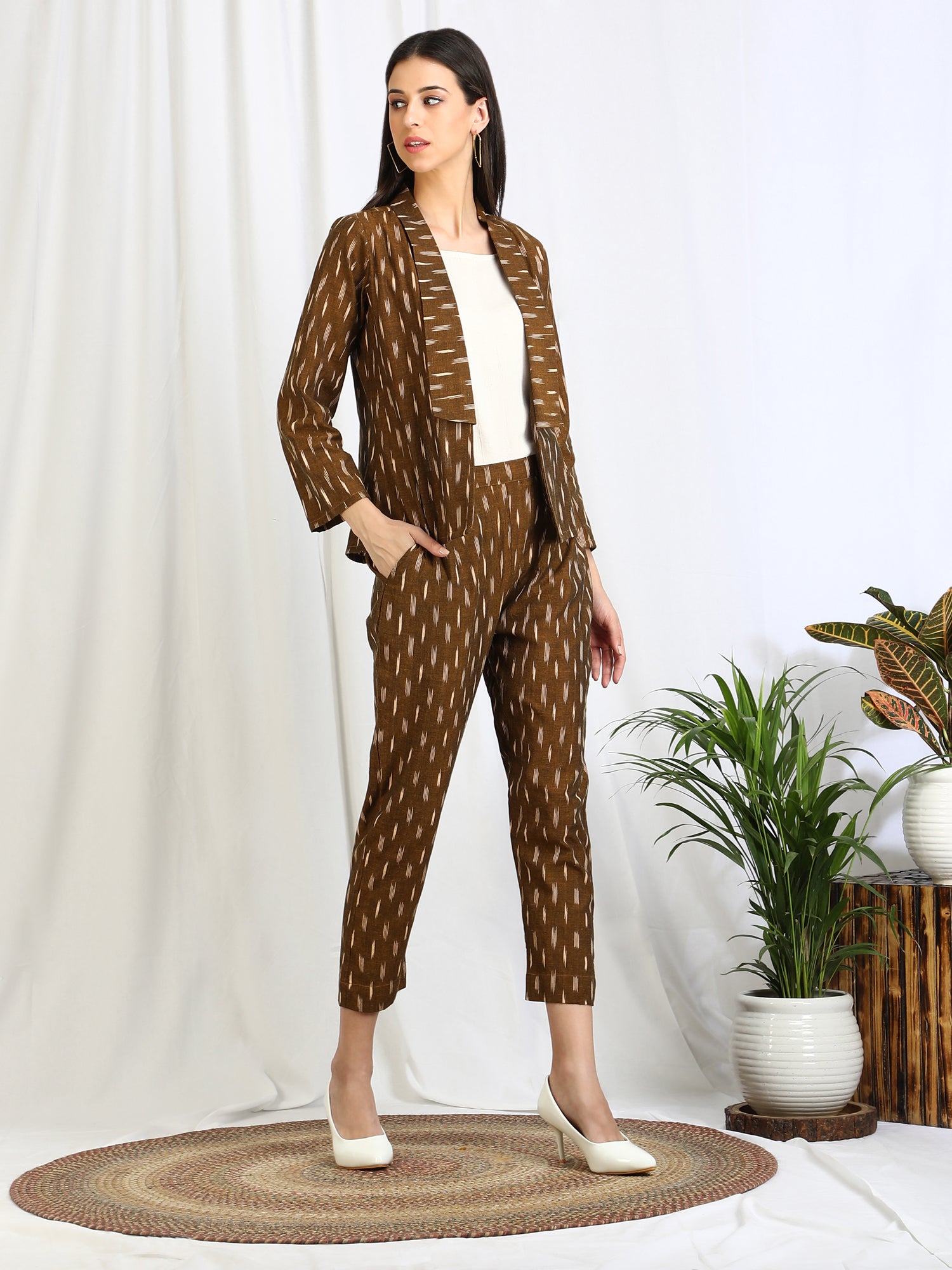 Buy Olive Ikat Blazer with Pants Co-Ord Set for Women