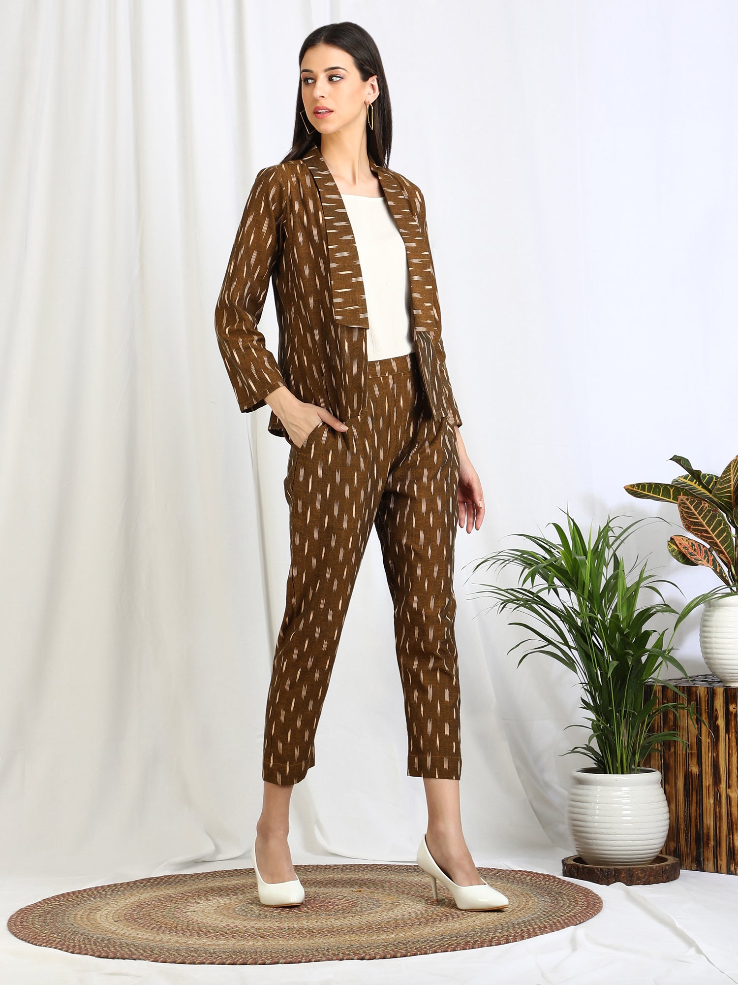 Co-ord Set Olive Ikat Blazer with Trousers - Main Image