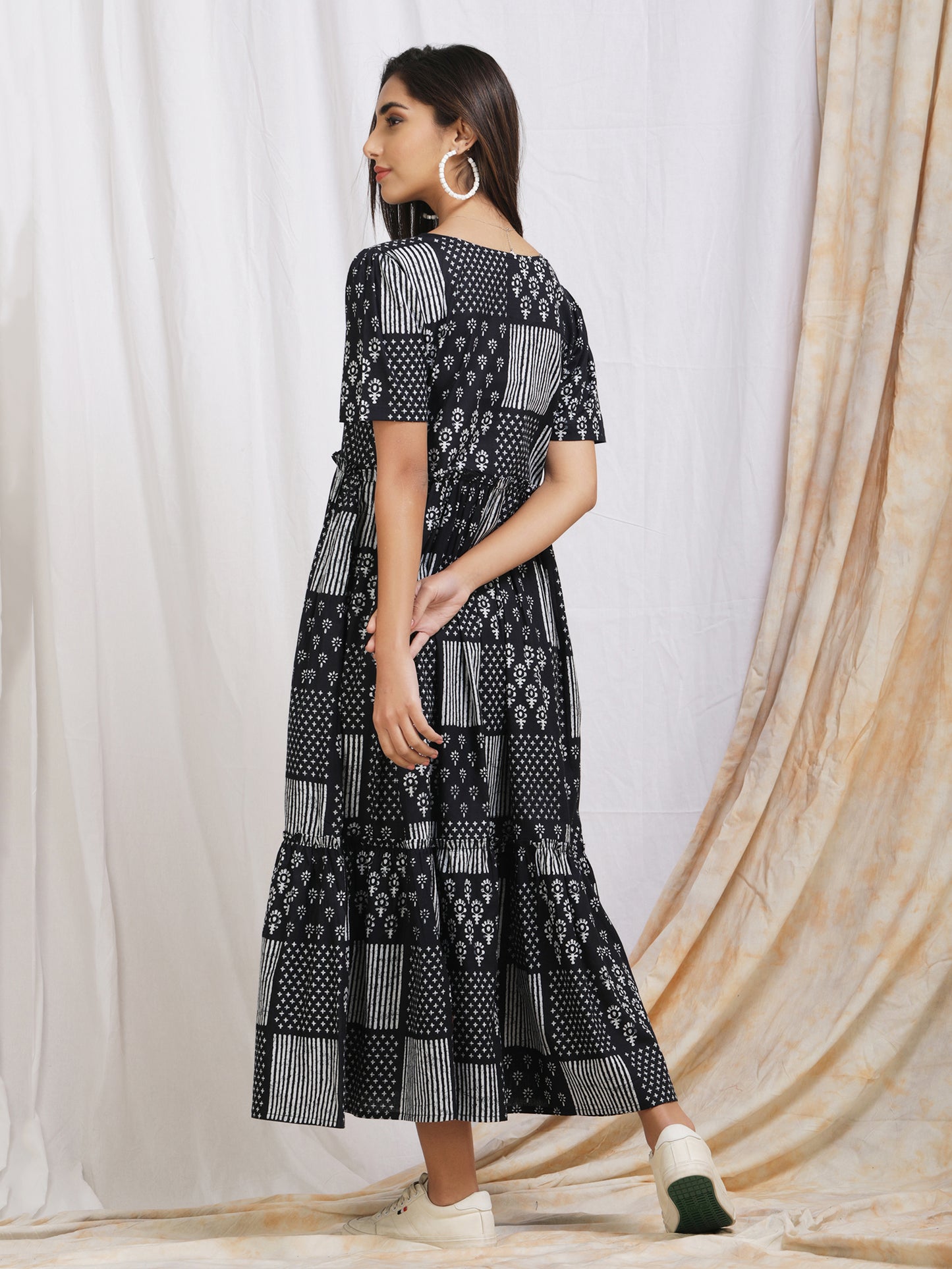 black checkered cotton maxi dress