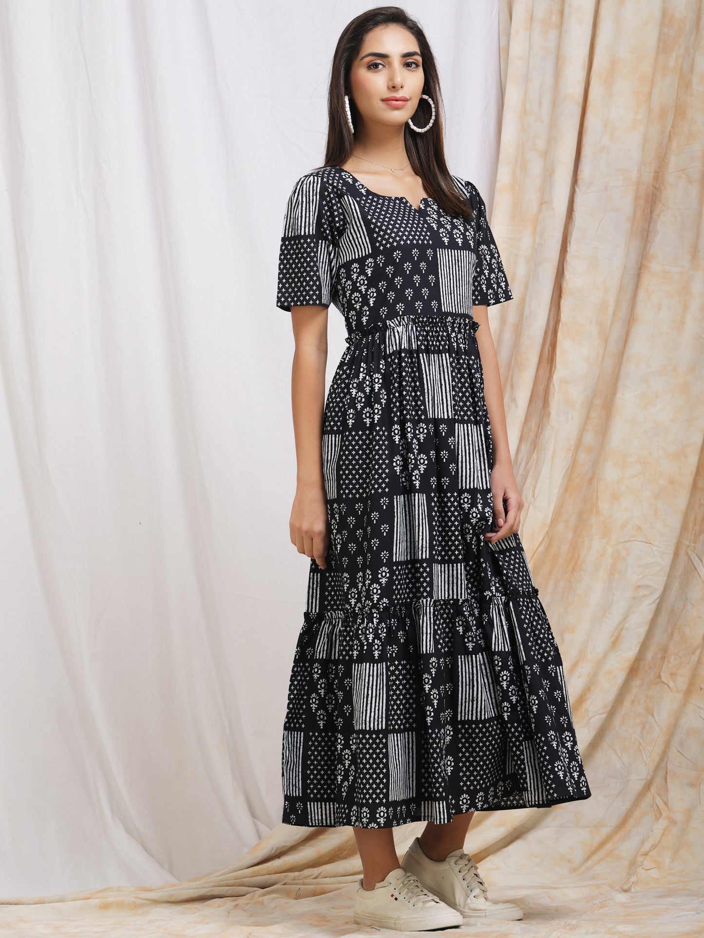 black cotton printed maxi dress