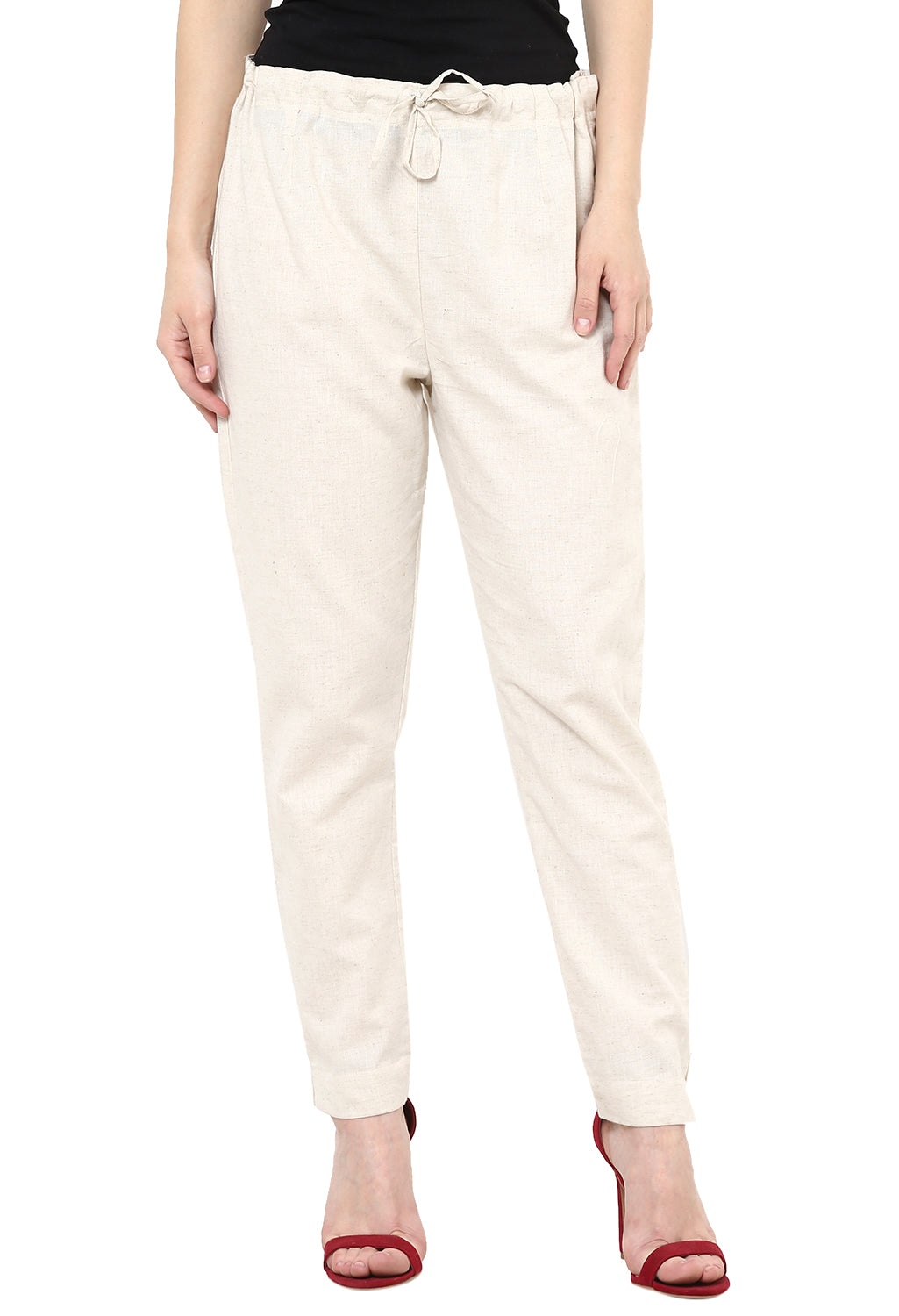 Off-White Cotton Pants for Ladies - Work Wear Cotton Trousers for Women