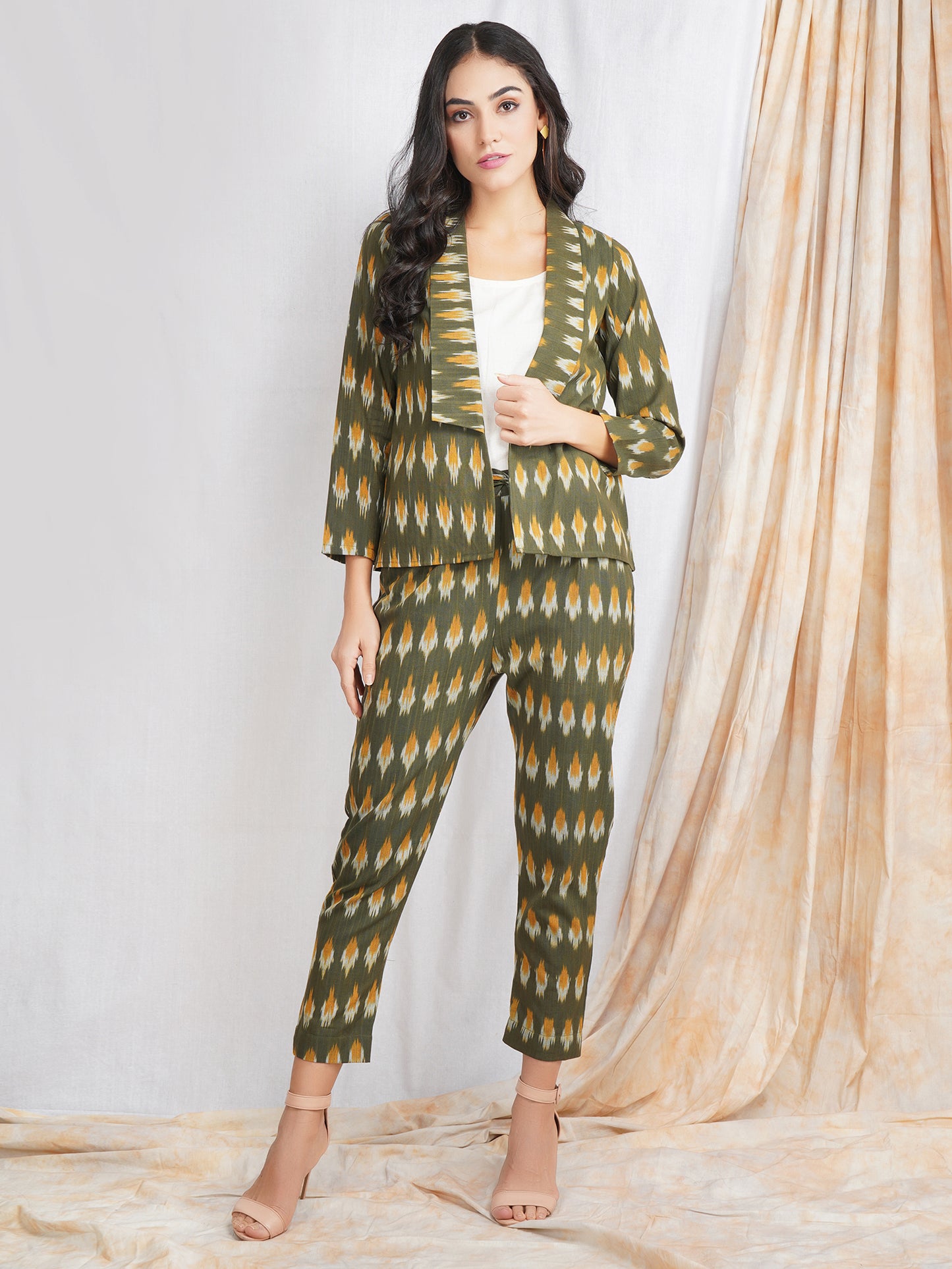 Green Ikat Cotton Blazer Jackets for Women