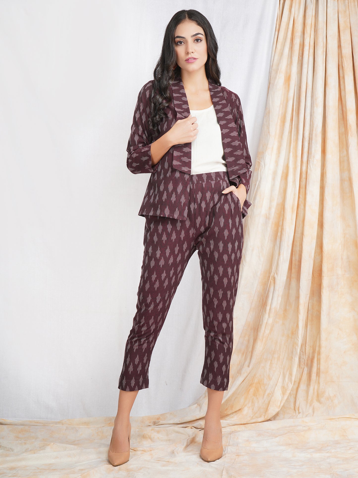Co-ord Set Maroon Ikat Blazer with Trousers