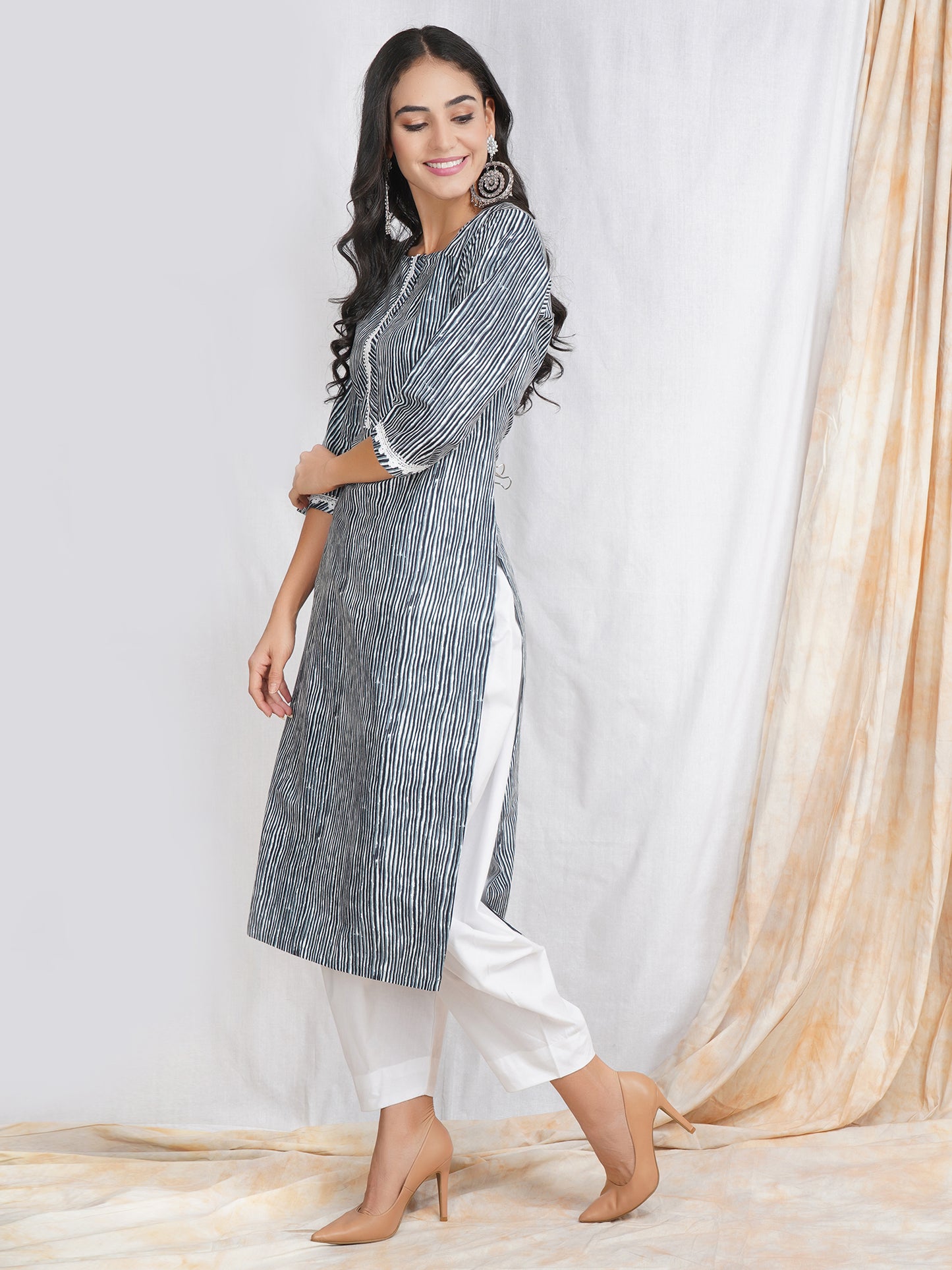 Grey White Kurti Pant Set for women