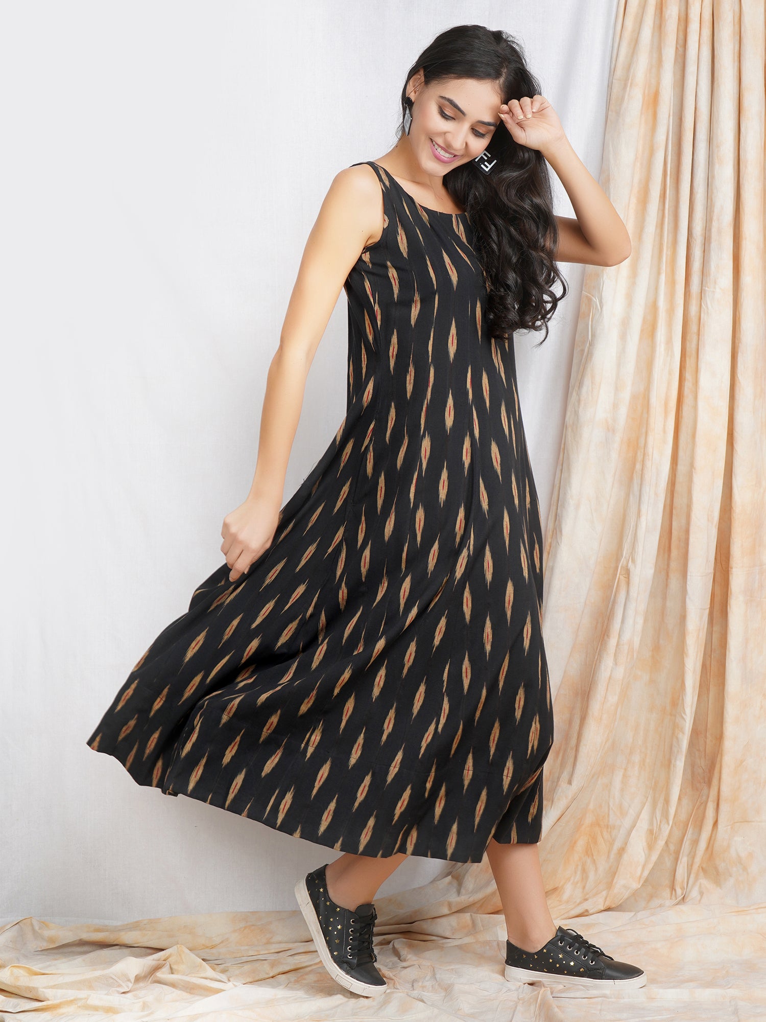 Black Ikat Cotton 'Reeva' Maxi Dress - Main Image
