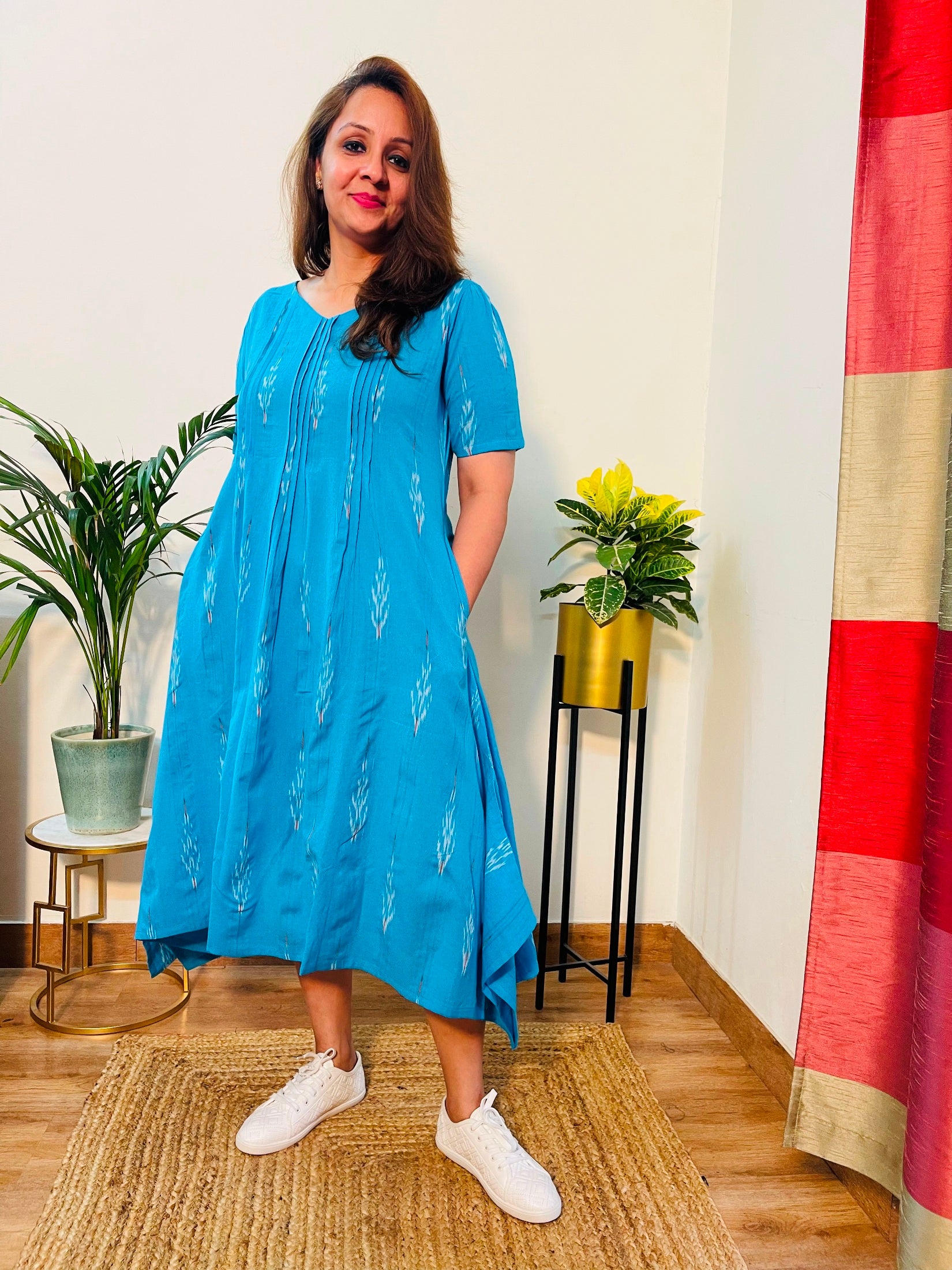 Darzaania Blue Ikat Cotton Dress - Main Image
