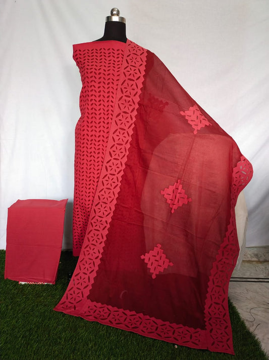 Red Applique Cut Work Cotton Suit Fabric with Applique Dupatta 