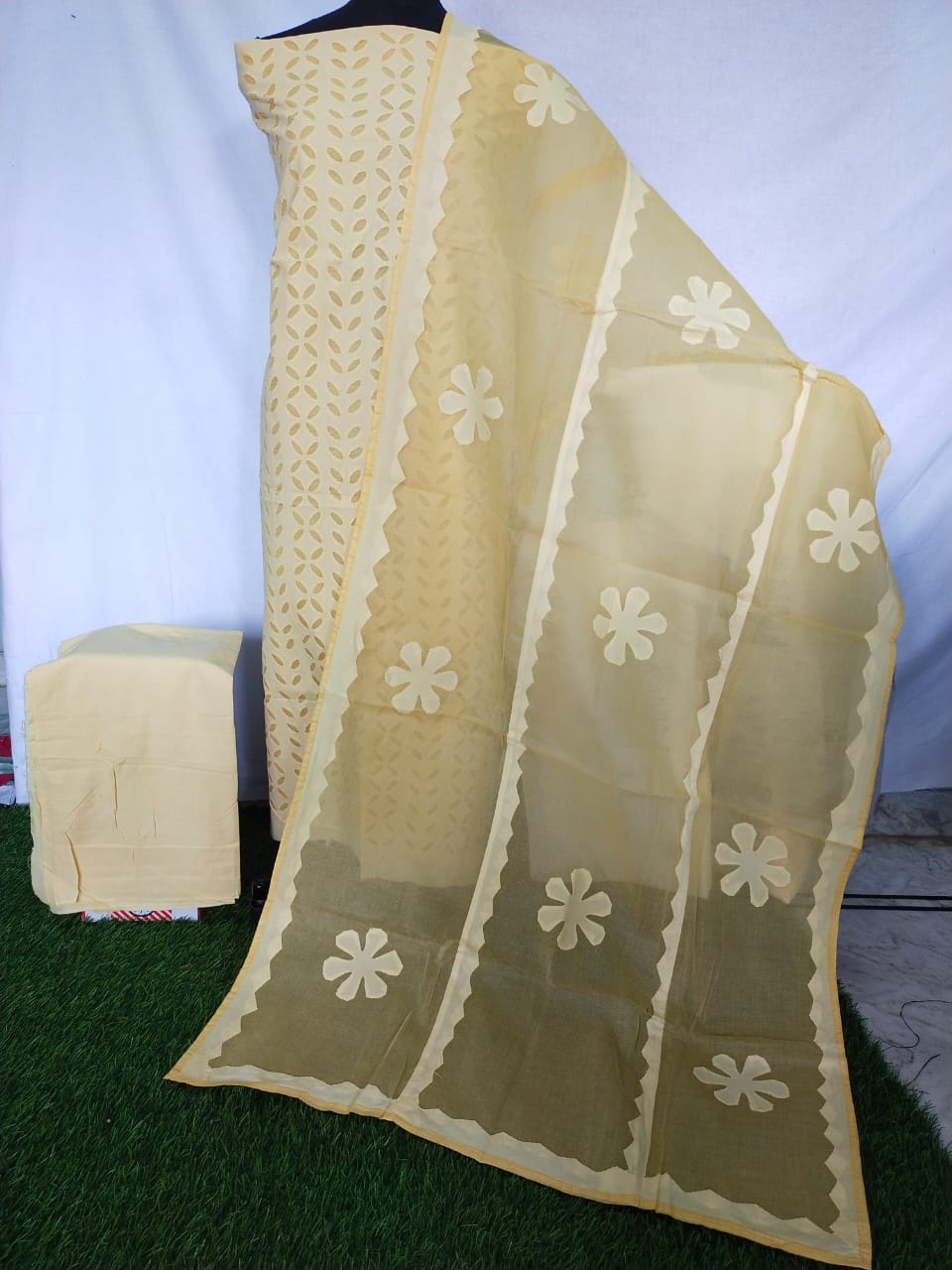 Applique Cotton Suit Set Material With Dupatta