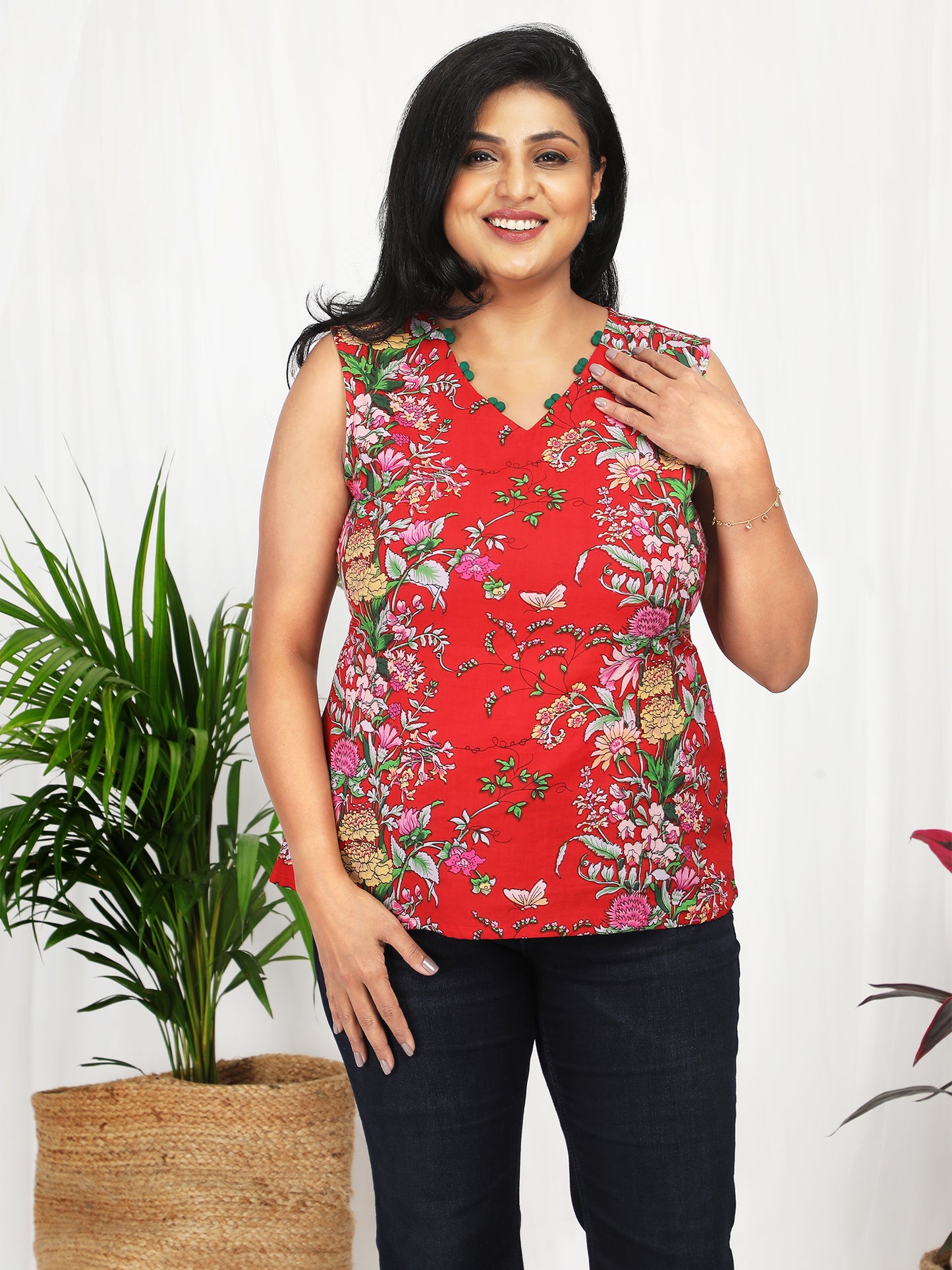 Krisha Red Cotton Sleeveless Top