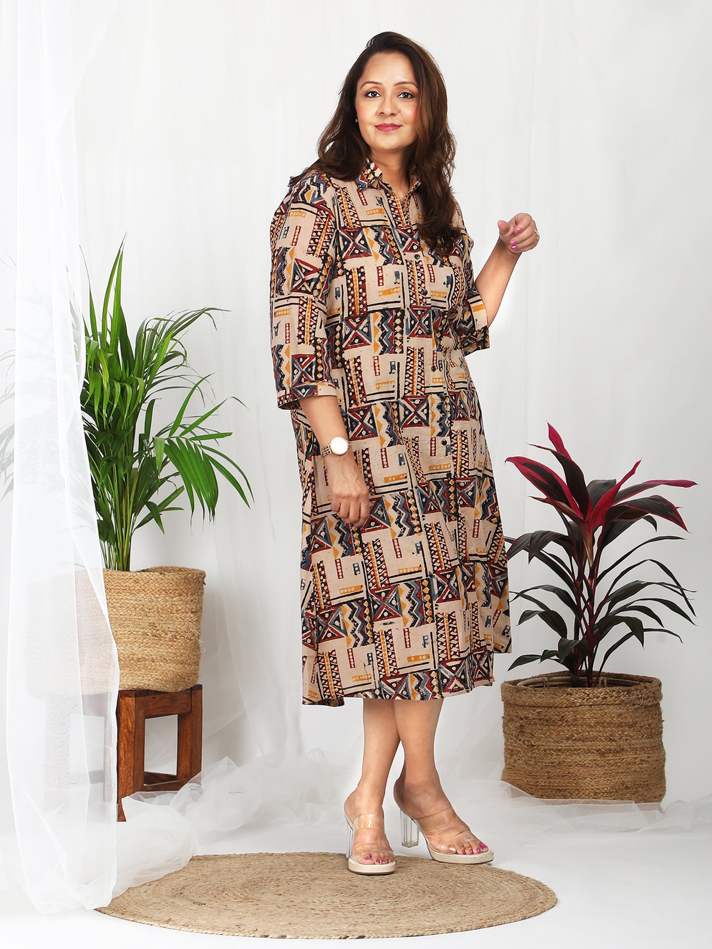 Tierra Block Printed Button Down Cotton Dress