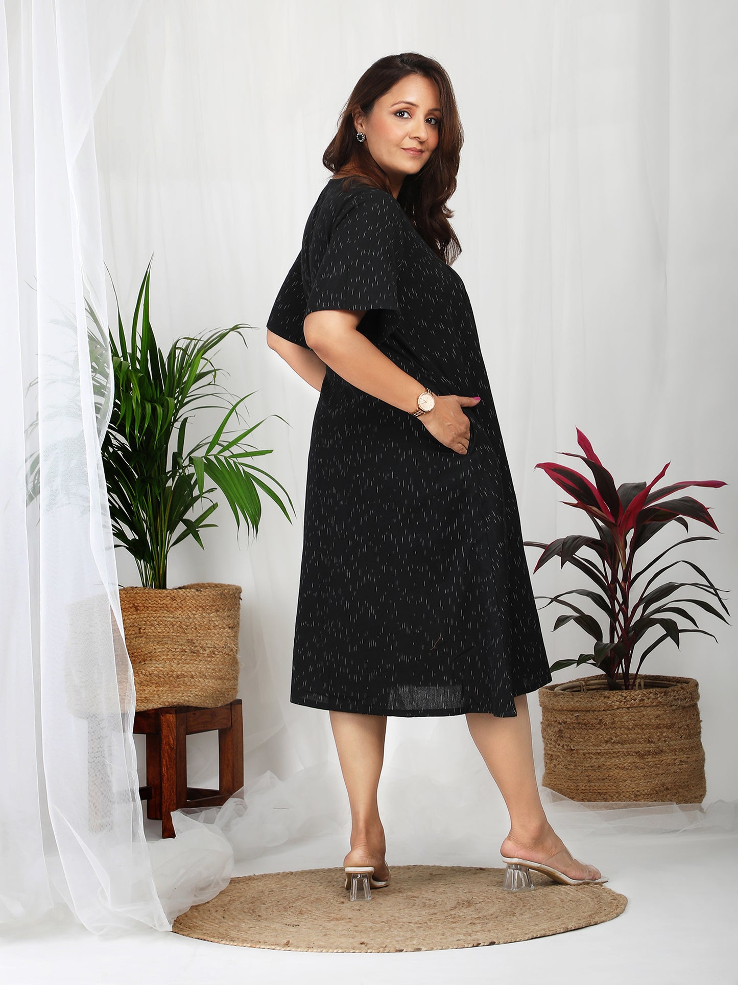 Sharvi Black Ikkat Cotton Midi Dress