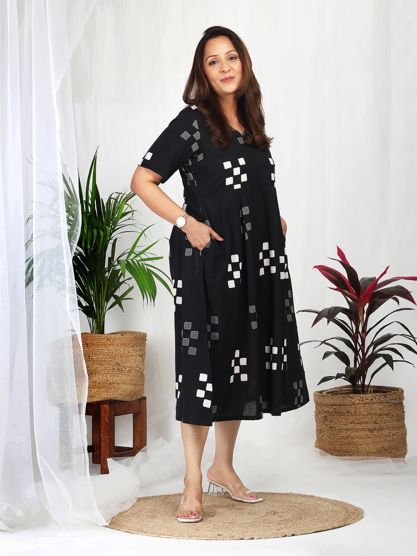 Kuvira Black Cotton Block Print Dress