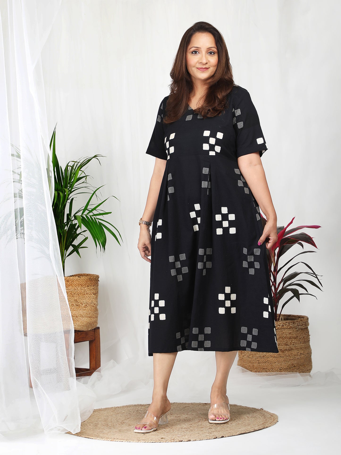 Kuvira Black Cotton Block Print Dress