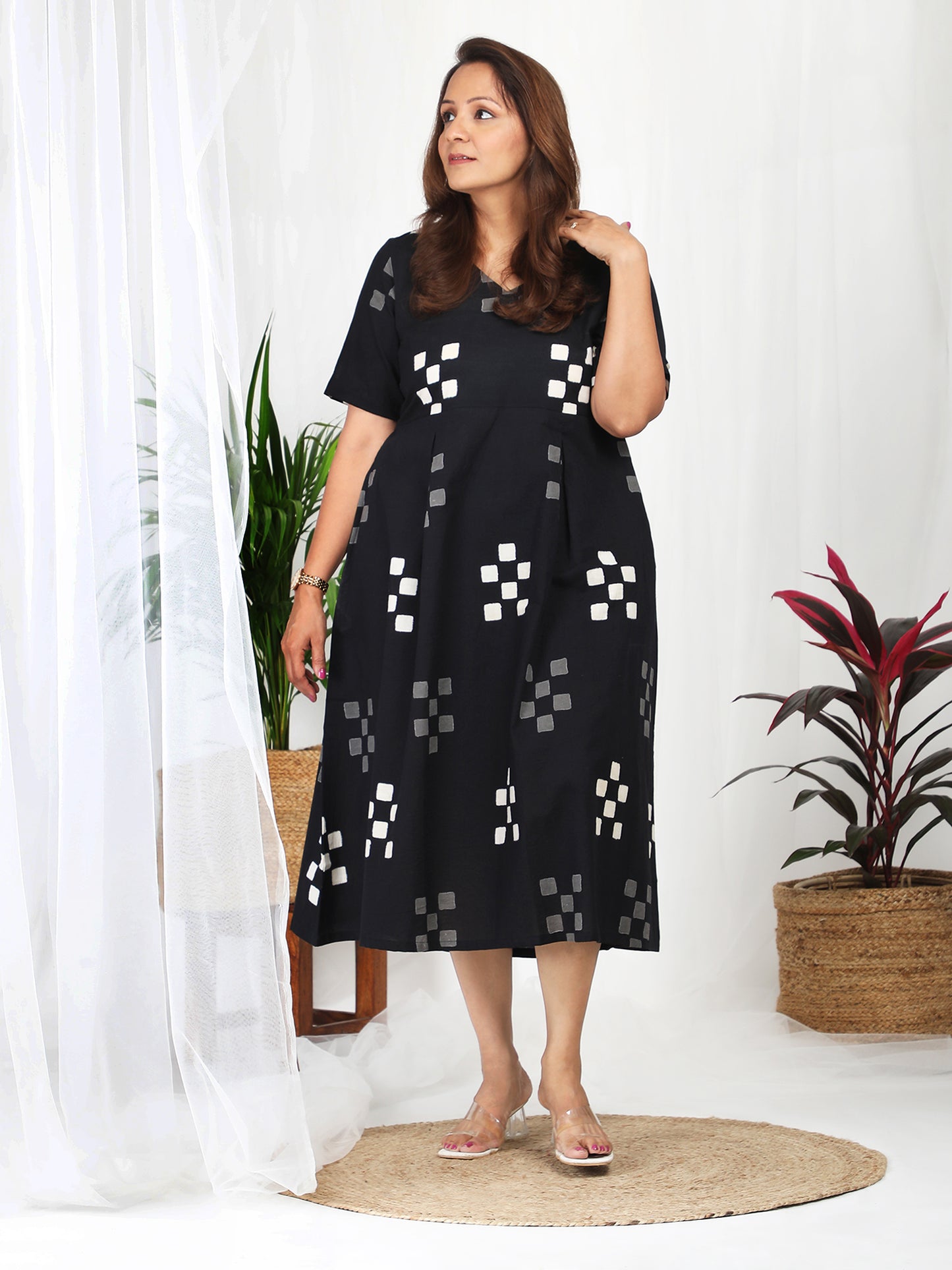 Kuvira Black Cotton Block Print Dress