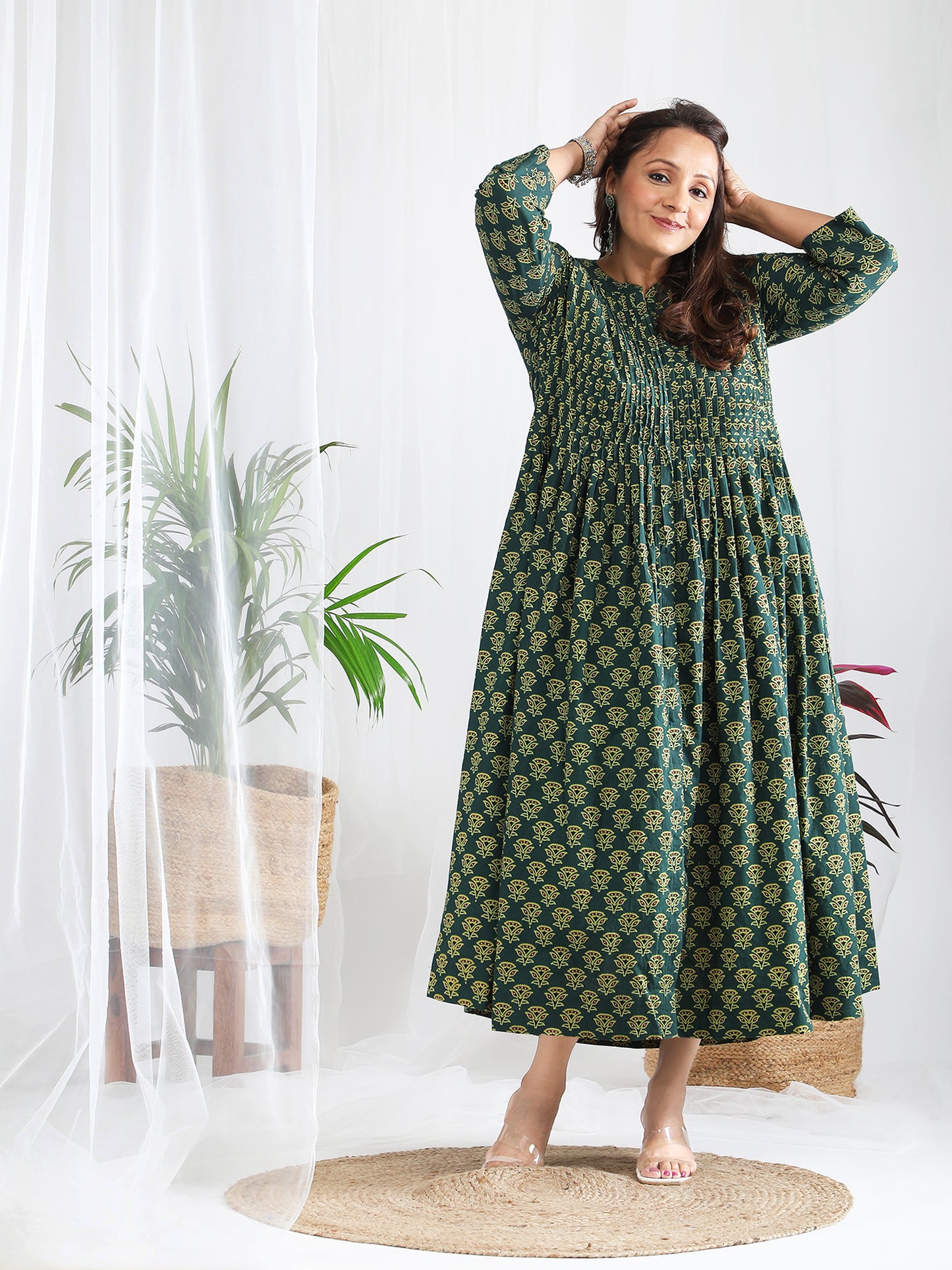 Miraya Ajrakh Work Pure Cotton Green Dress