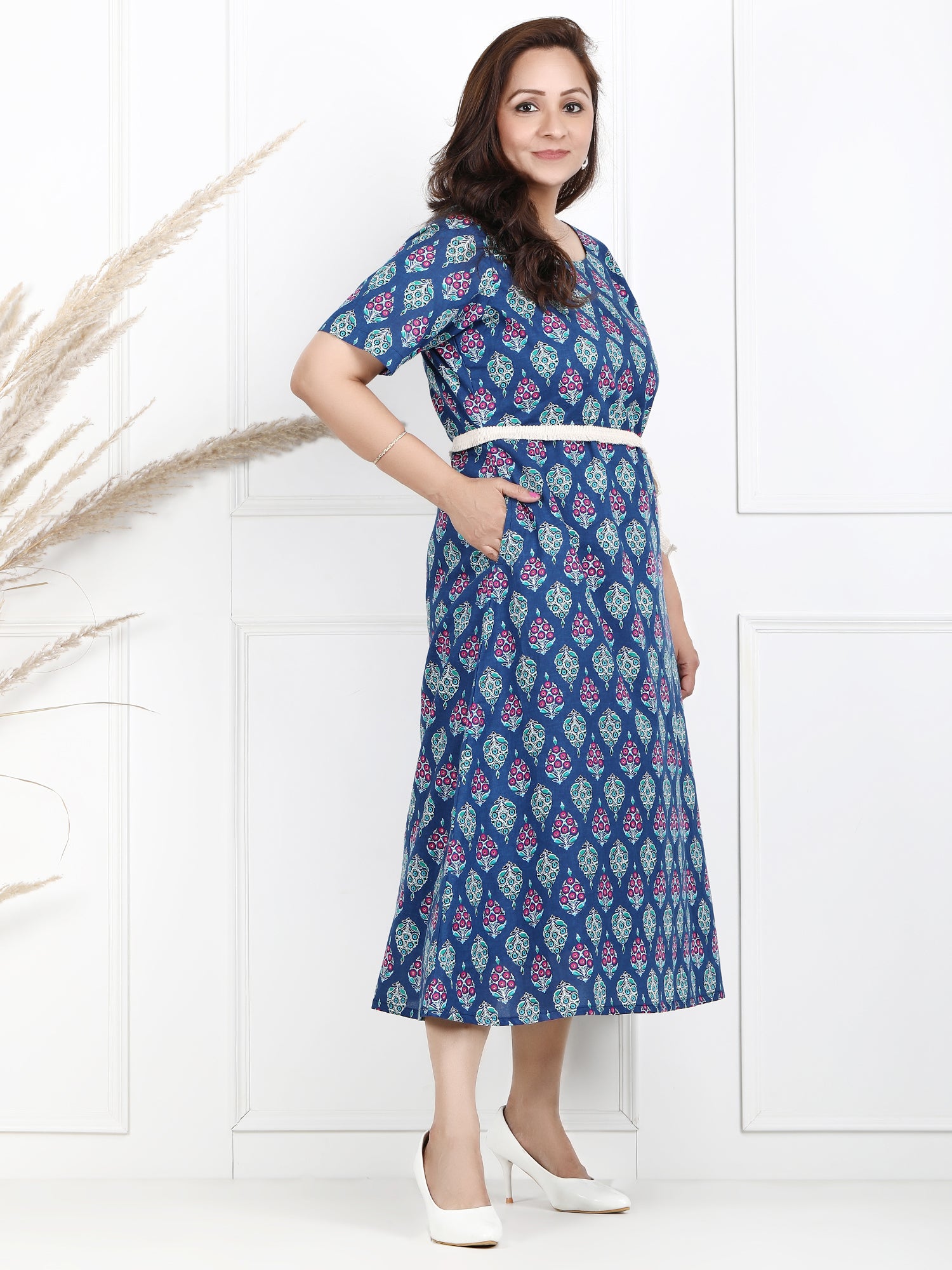 Blue Cotton Printed Dress with Belt