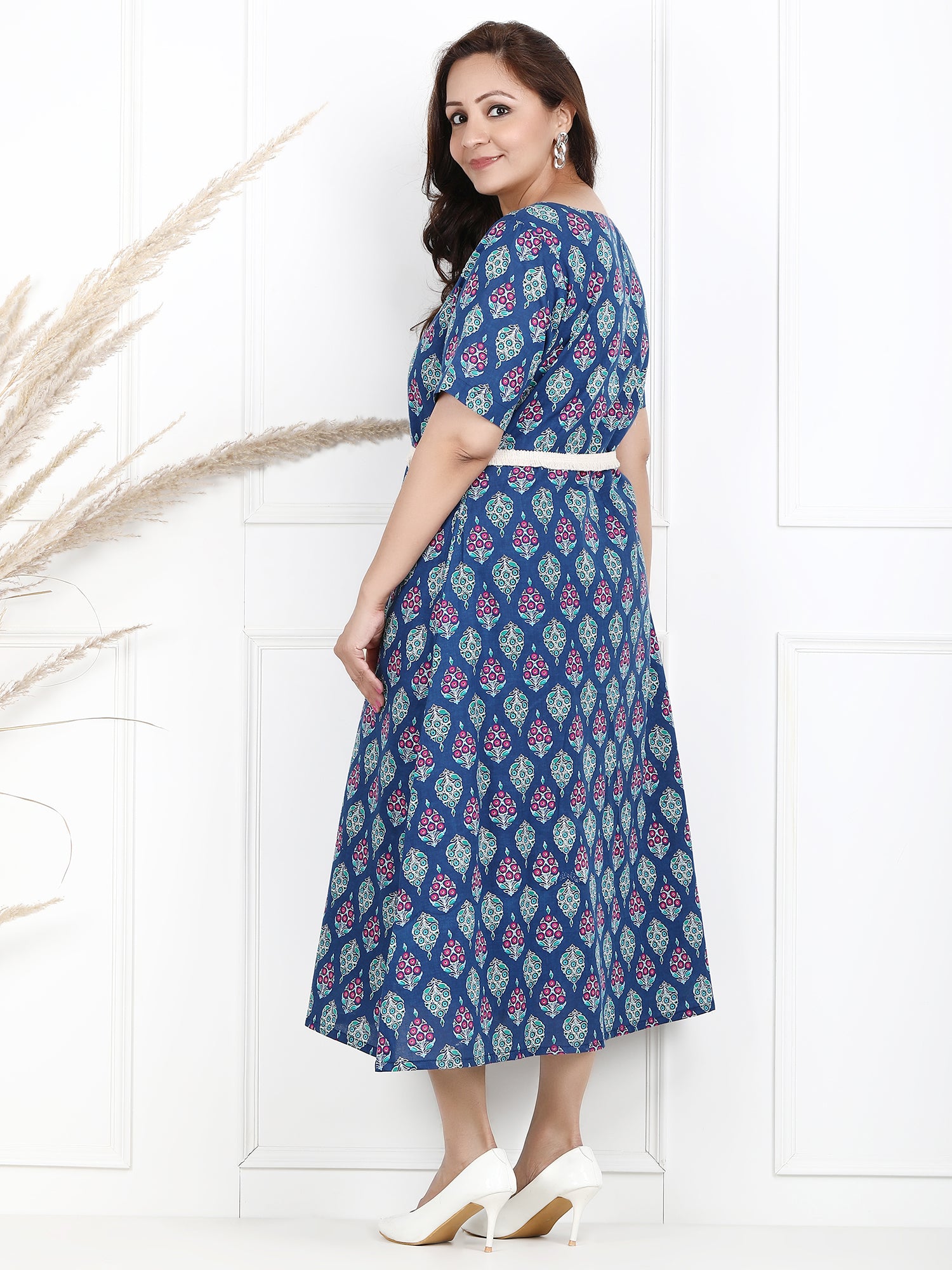 Blue Cotton Printed long Dress with Belt