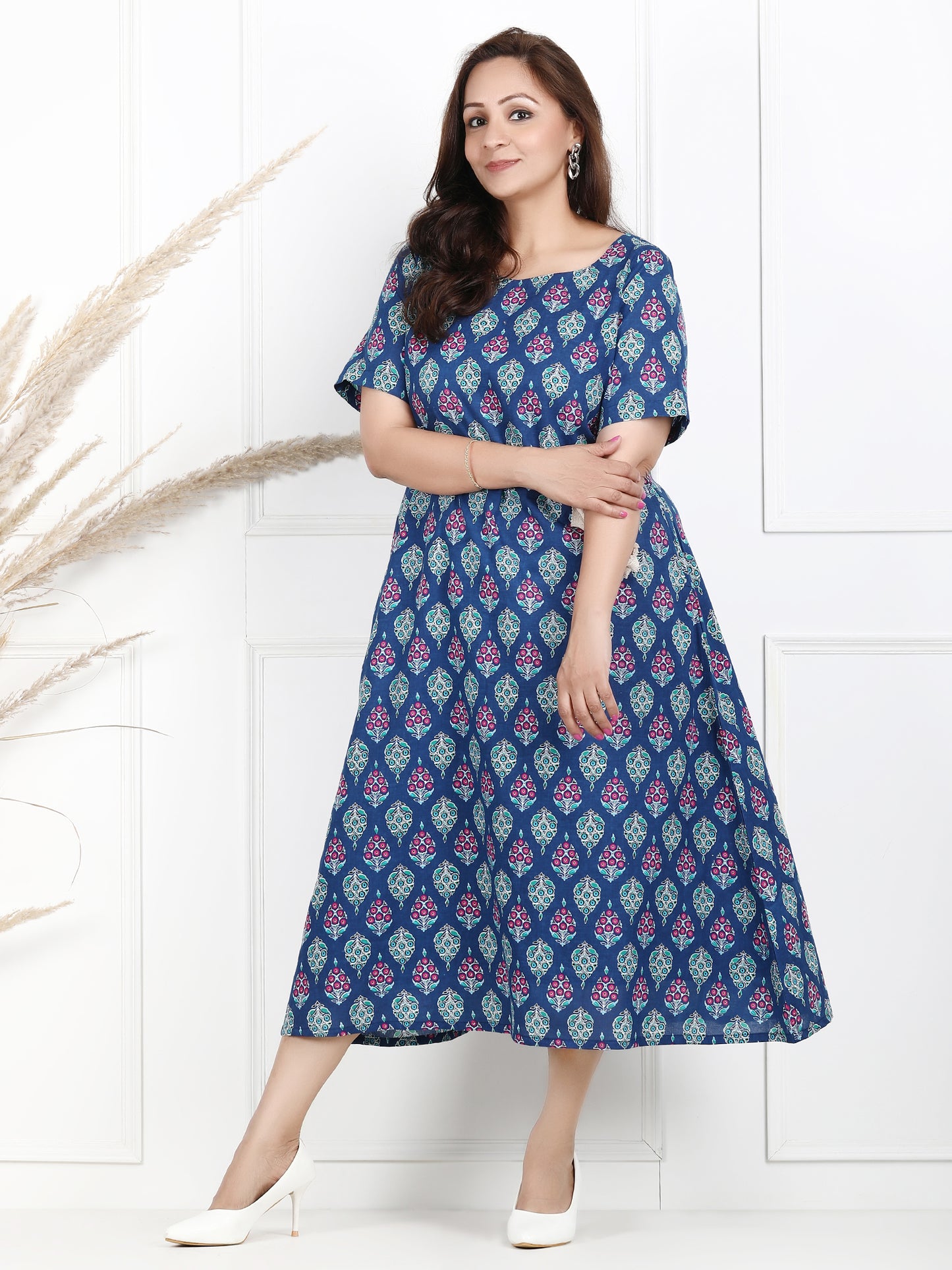 Blue Cotton Printed Dress with Belt